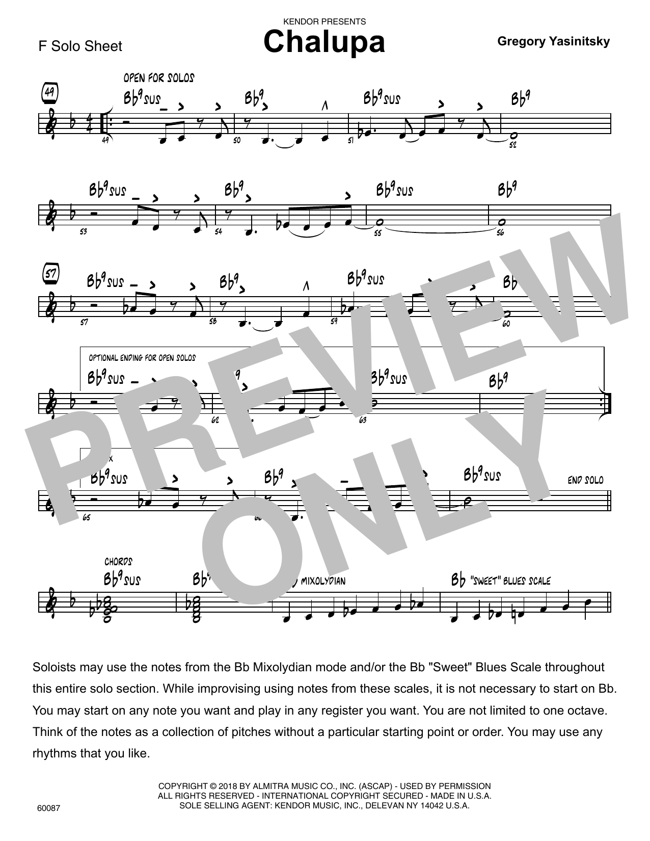 Learn to play Gregory Yasinitsky Chalupa - Solo Sheet for F Instruments sheet music for Jazz Ensemble in minutes. Gregory Yasinitsky Chalupa - Solo Sheet for F Instruments sheet music preview music notes and score for Jazz Ensemble including 1 page(s)