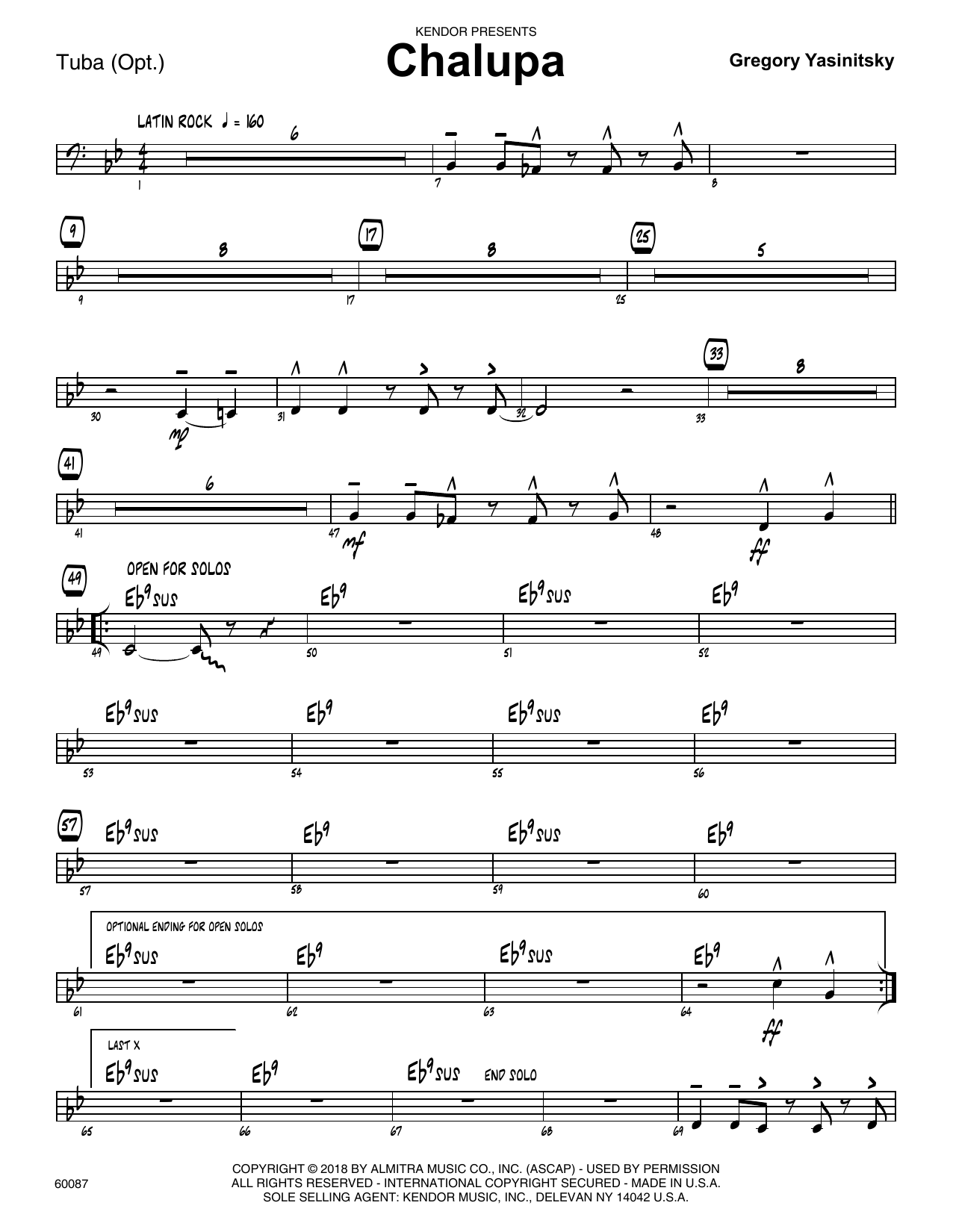 Learn to play Gregory Yasinitsky Chalupa - Tuba sheet music for Jazz Ensemble in minutes. Gregory Yasinitsky Chalupa - Tuba sheet music preview music notes and score for Jazz Ensemble including 2 page(s)