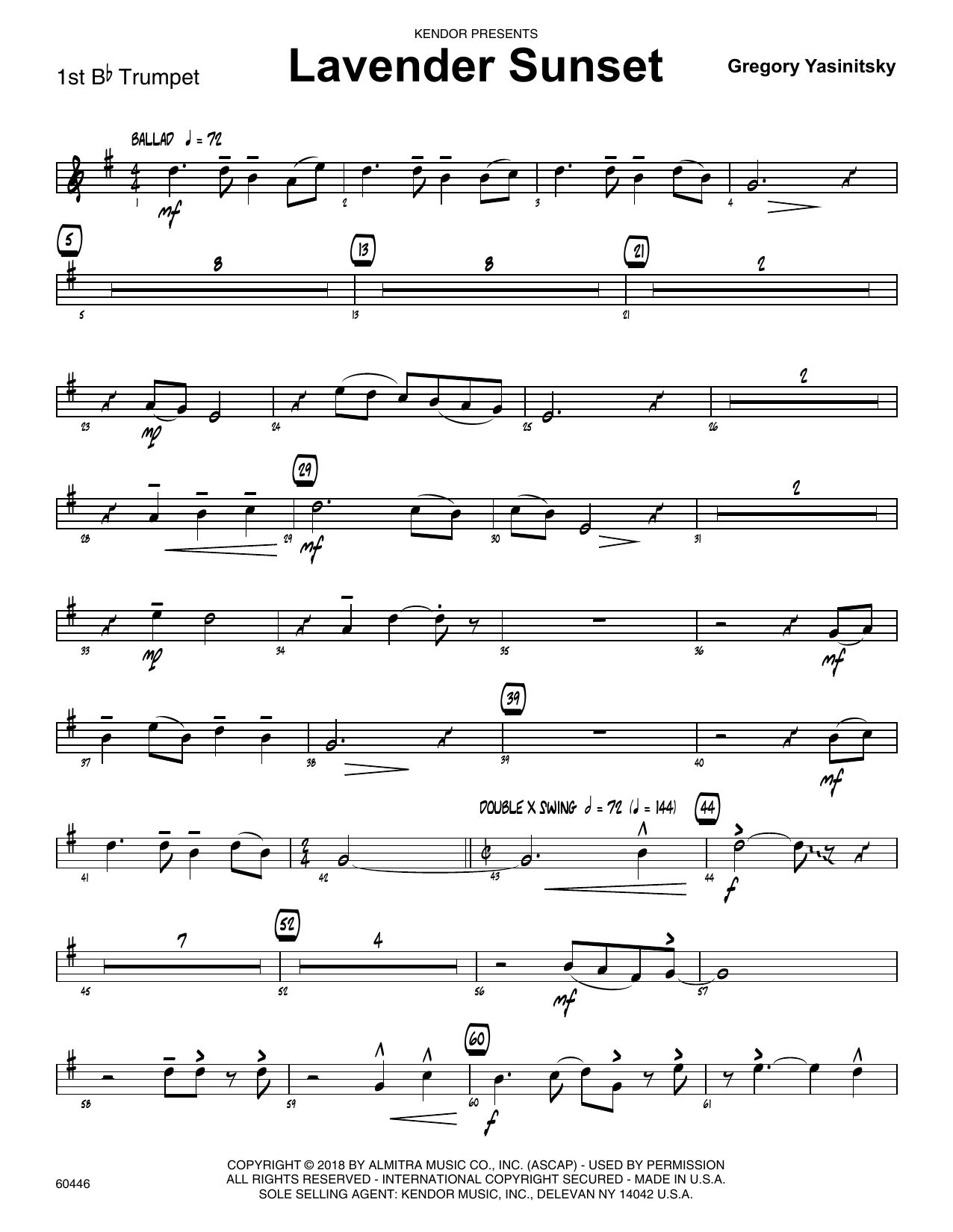 Learn to play Gregory Yasinitsky Lavender Sunset - 1st Bb Trumpet sheet music for Jazz Ensemble in minutes. Gregory Yasinitsky Lavender Sunset - 1st Bb Trumpet sheet music preview music notes and score for Jazz Ensemble including 2 page(s)