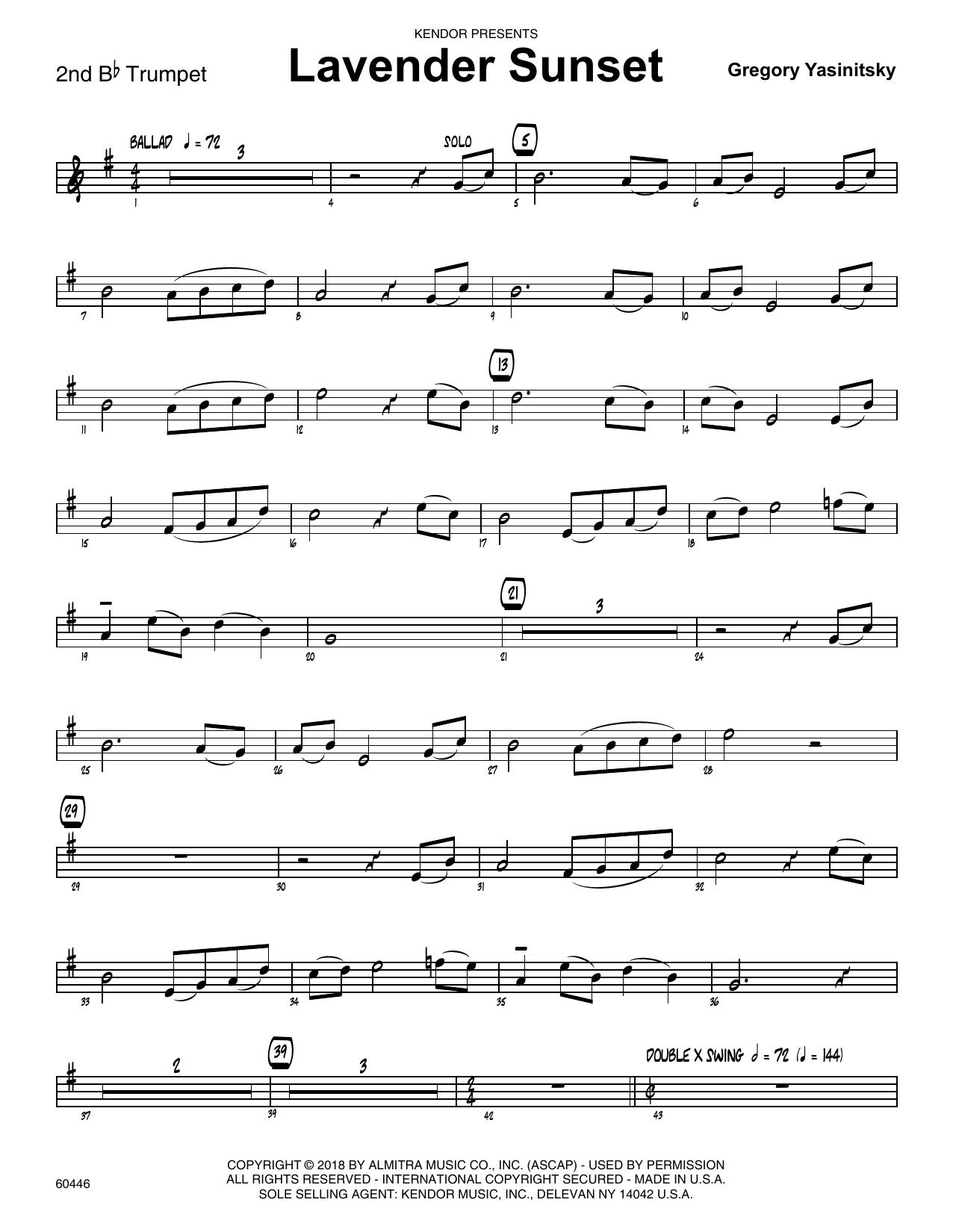 Learn to play Gregory Yasinitsky Lavender Sunset - 2nd Bb Trumpet sheet music for Jazz Ensemble in minutes. Gregory Yasinitsky Lavender Sunset - 2nd Bb Trumpet sheet music preview music notes and score for Jazz Ensemble including 2 page(s)