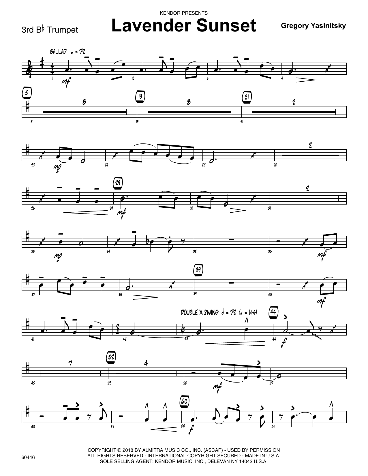 Learn to play Gregory Yasinitsky Lavender Sunset - 3rd Bb Trumpet sheet music for Jazz Ensemble in minutes. Gregory Yasinitsky Lavender Sunset - 3rd Bb Trumpet sheet music preview music notes and score for Jazz Ensemble including 2 page(s)