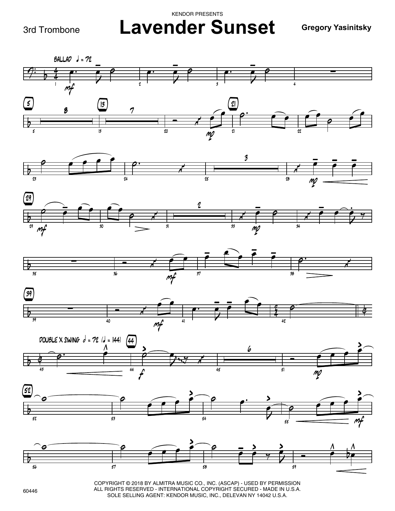 Learn to play Gregory Yasinitsky Lavender Sunset - 3rd Trombone sheet music for Jazz Ensemble in minutes. Gregory Yasinitsky Lavender Sunset - 3rd Trombone sheet music preview music notes and score for Jazz Ensemble including 2 page(s)