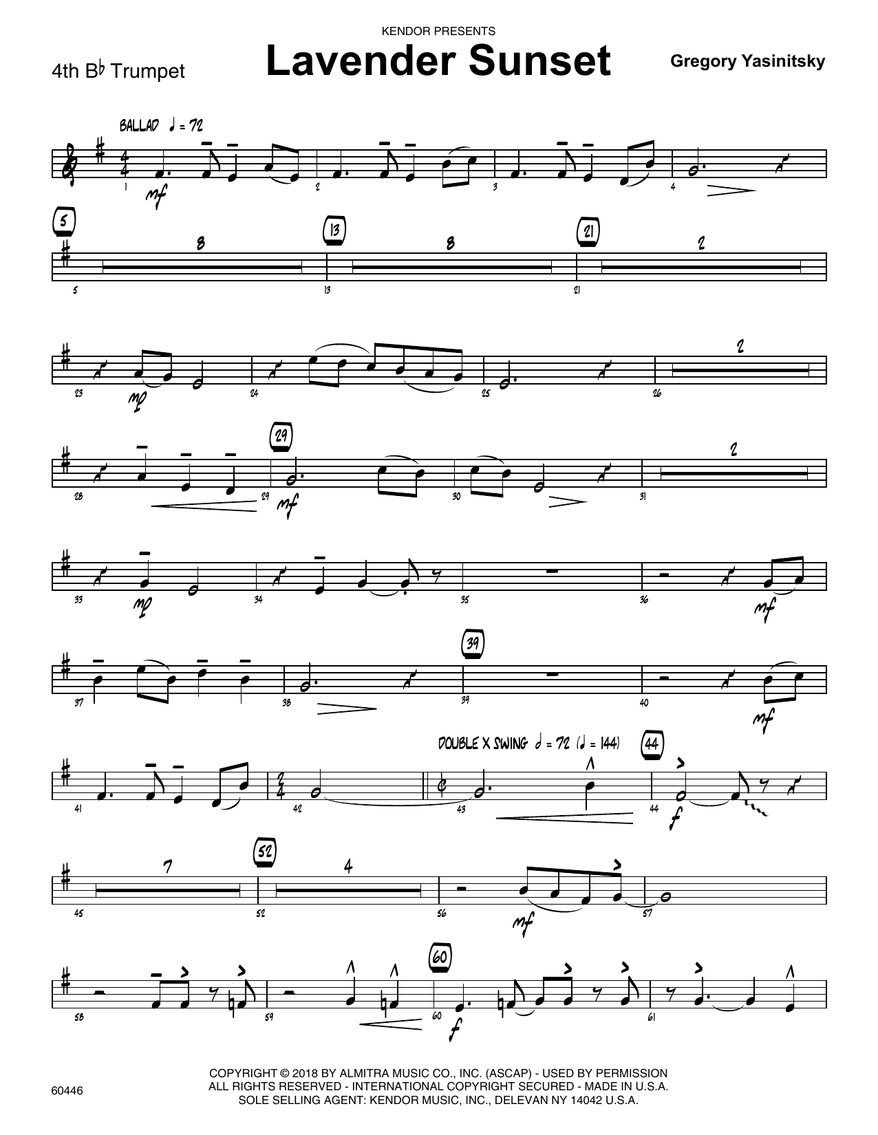 Learn to play Gregory Yasinitsky Lavender Sunset - 4th Bb Trumpet sheet music for Jazz Ensemble in minutes. Gregory Yasinitsky Lavender Sunset - 4th Bb Trumpet sheet music preview music notes and score for Jazz Ensemble including 2 page(s)