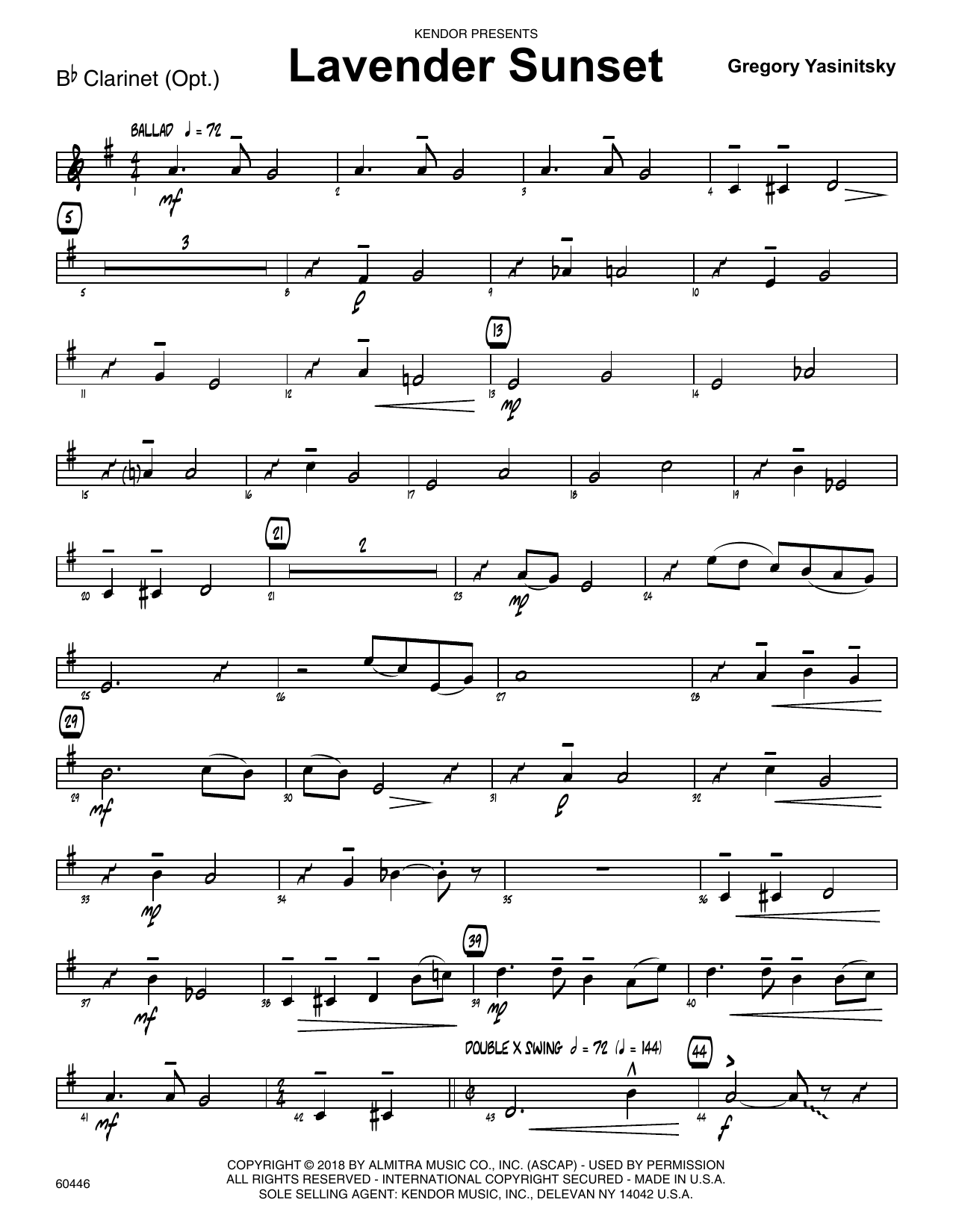 Learn to play Gregory Yasinitsky Lavender Sunset - Bb Clarinet sheet music for Jazz Ensemble in minutes. Gregory Yasinitsky Lavender Sunset - Bb Clarinet sheet music preview music notes and score for Jazz Ensemble including 2 page(s)