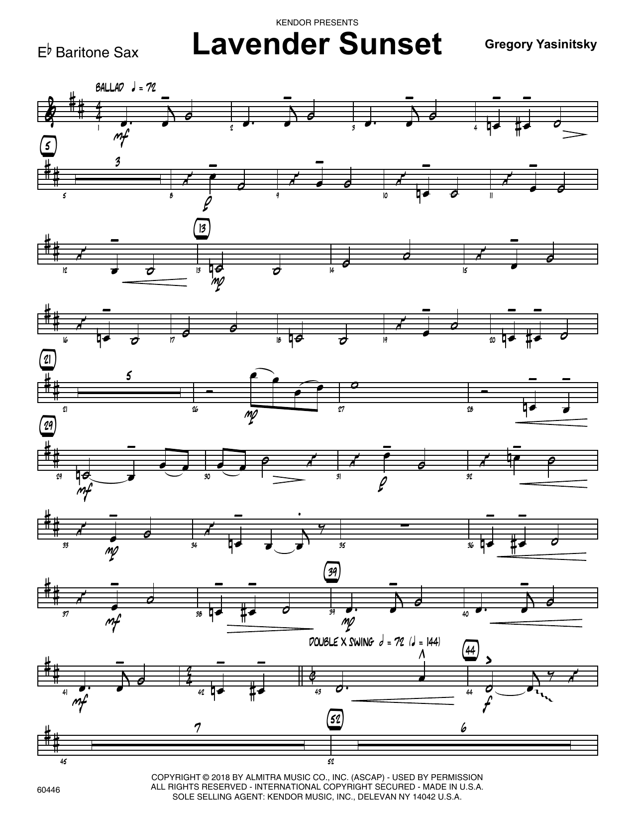 Learn to play Gregory Yasinitsky Lavender Sunset - Eb Baritone Saxophone sheet music for Jazz Ensemble in minutes. Gregory Yasinitsky Lavender Sunset - Eb Baritone Saxophone sheet music preview music notes and score for Jazz Ensemble including 2 page(s)
