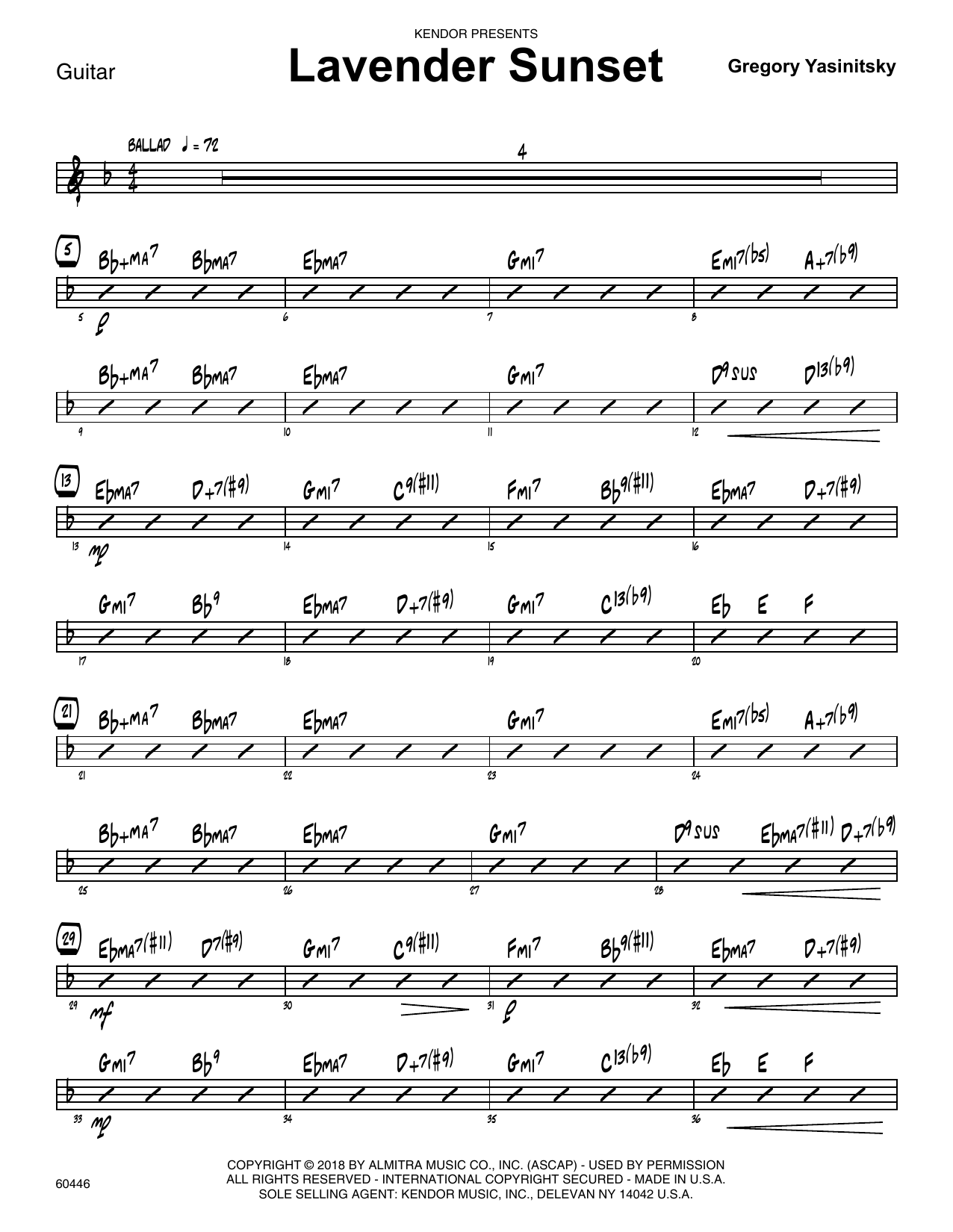 Learn to play Gregory Yasinitsky Lavender Sunset - Guitar sheet music for Jazz Ensemble in minutes. Gregory Yasinitsky Lavender Sunset - Guitar sheet music preview music notes and score for Jazz Ensemble including 2 page(s)