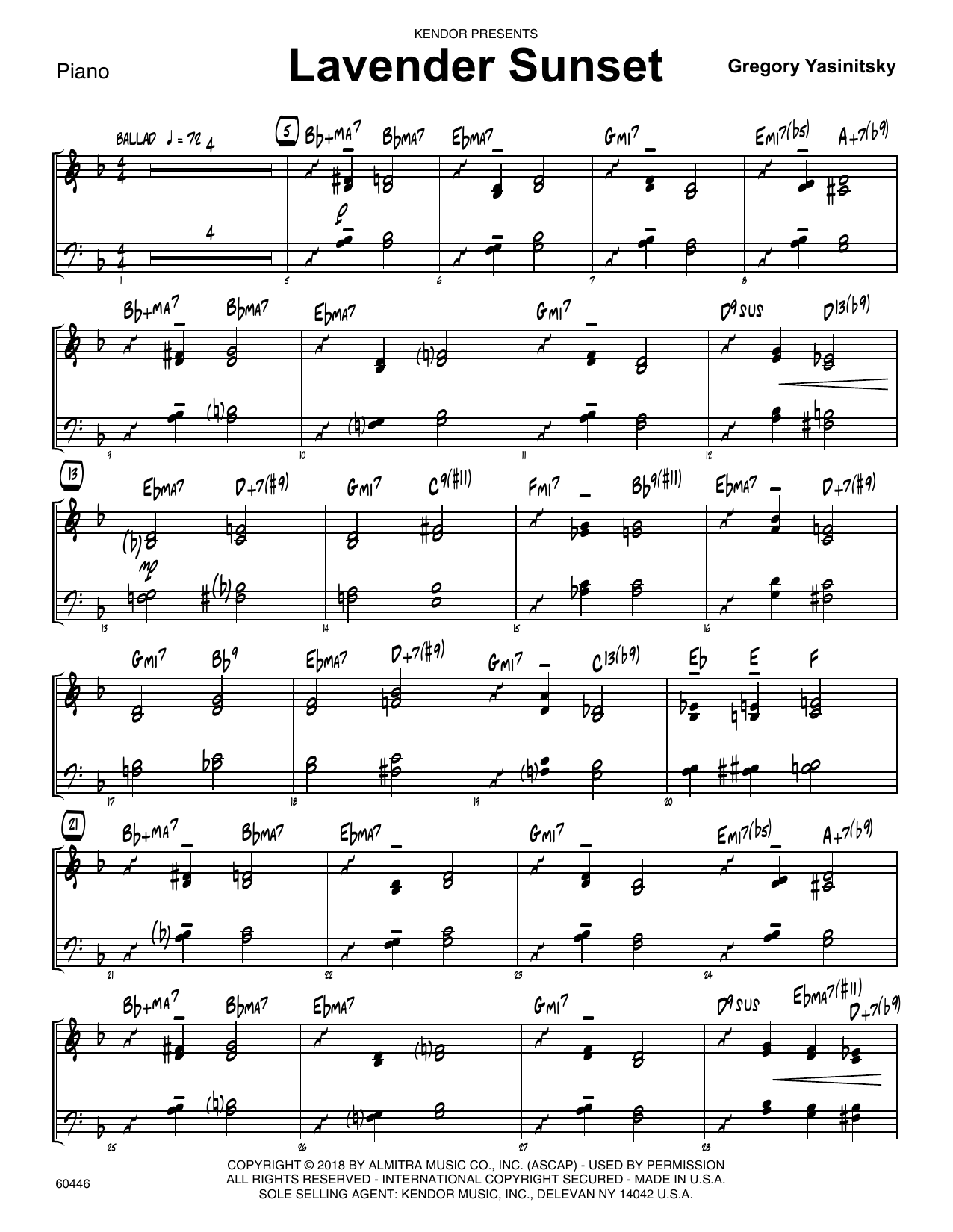 Learn to play Gregory Yasinitsky Lavender Sunset - Piano sheet music for Jazz Ensemble in minutes. Gregory Yasinitsky Lavender Sunset - Piano sheet music preview music notes and score for Jazz Ensemble including 3 page(s)