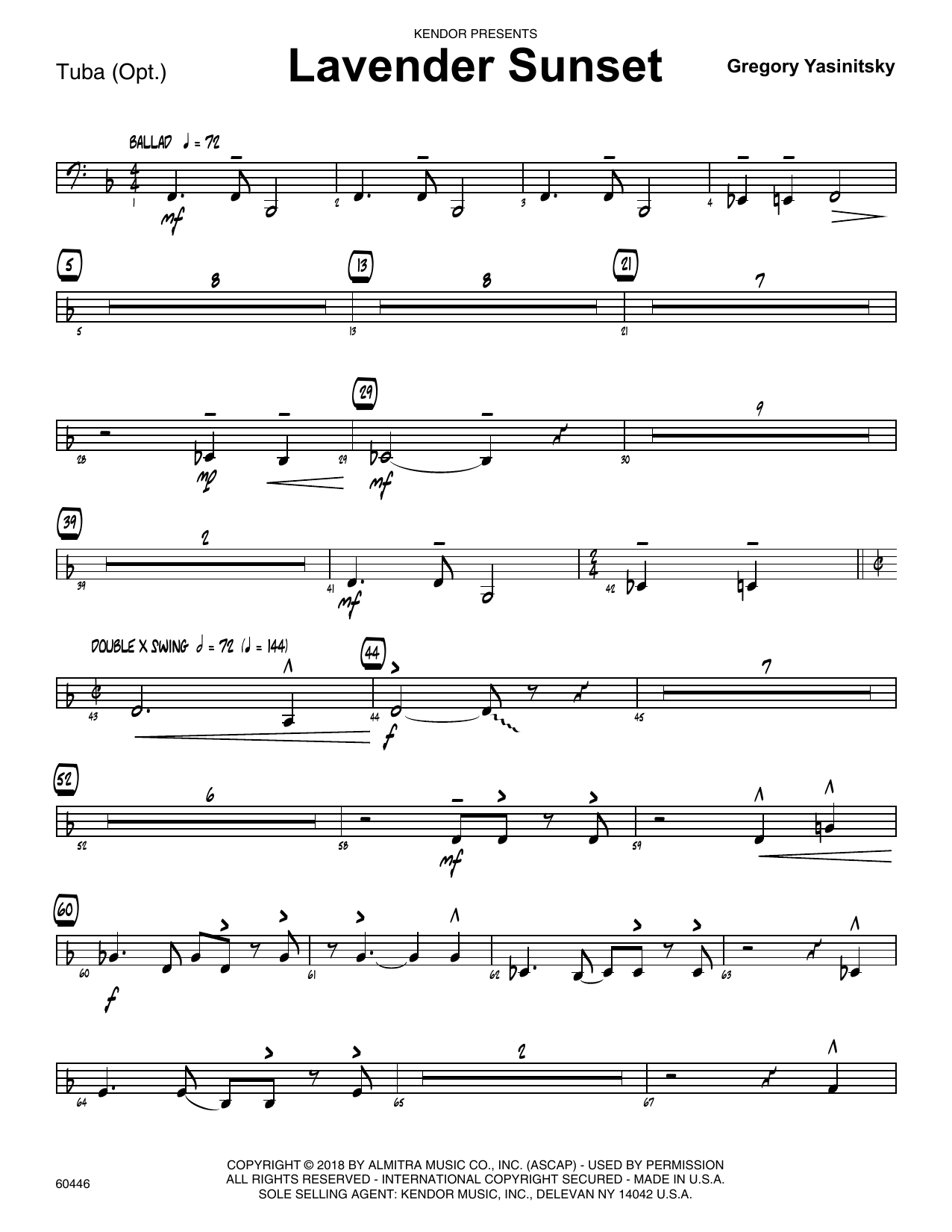 Learn to play Gregory Yasinitsky Lavender Sunset - Tuba sheet music for Jazz Ensemble in minutes. Gregory Yasinitsky Lavender Sunset - Tuba sheet music preview music notes and score for Jazz Ensemble including 2 page(s)