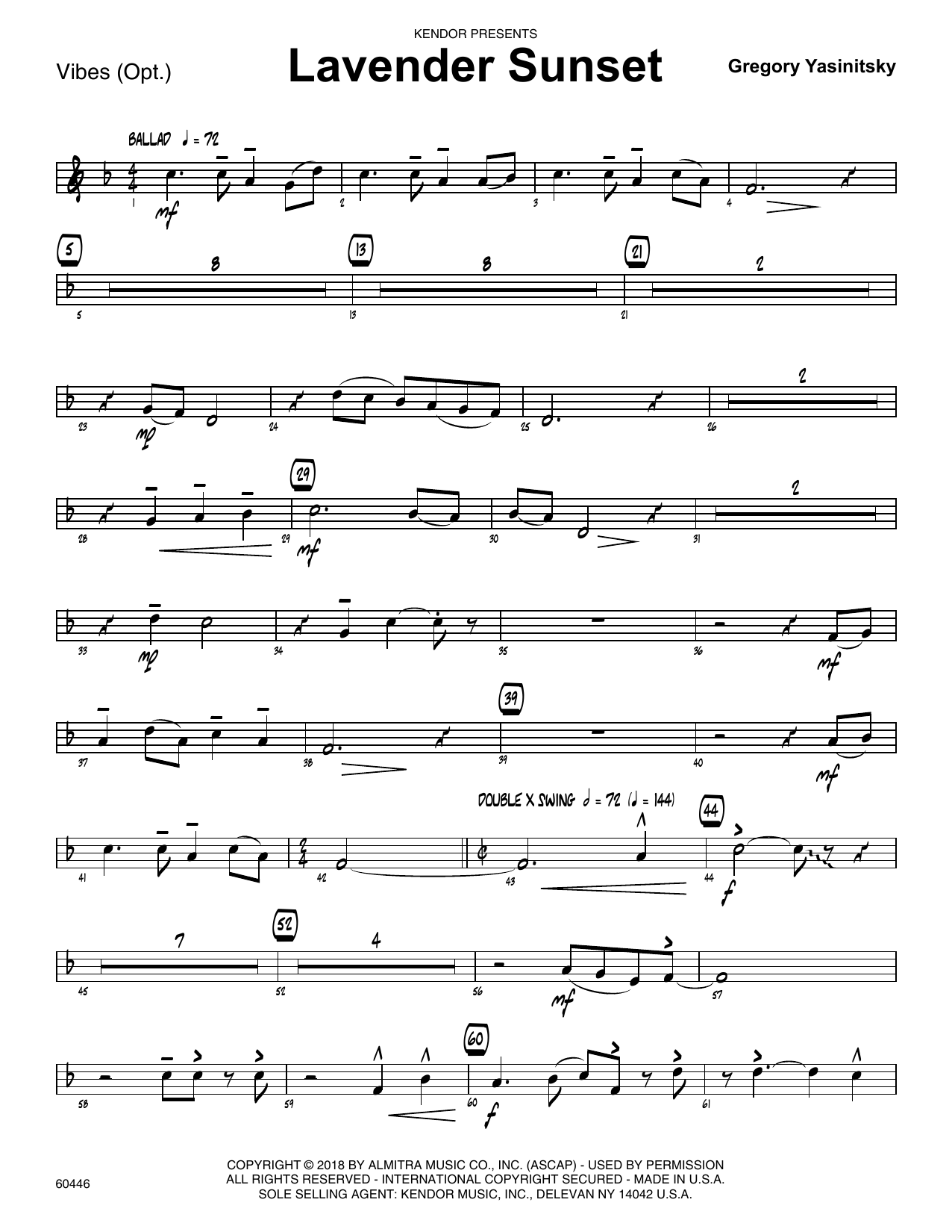 Learn to play Gregory Yasinitsky Lavender Sunset - Vibes sheet music for Jazz Ensemble in minutes. Gregory Yasinitsky Lavender Sunset - Vibes sheet music preview music notes and score for Jazz Ensemble including 2 page(s)