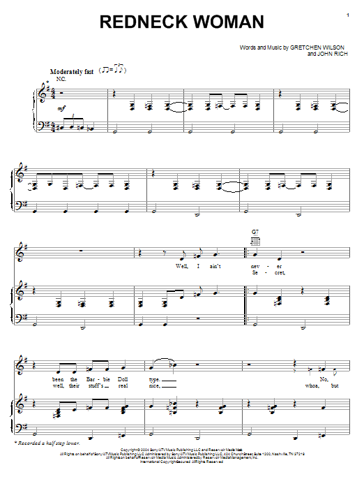 Learn to play Gretchen Wilson Redneck Woman sheet music for Piano, Vocal & Guitar (Right-Hand Melody) in minutes. Gretchen Wilson Redneck Woman sheet music preview music notes and score for Piano, Vocal & Guitar (Right-Hand Melody) including 7 page(s)