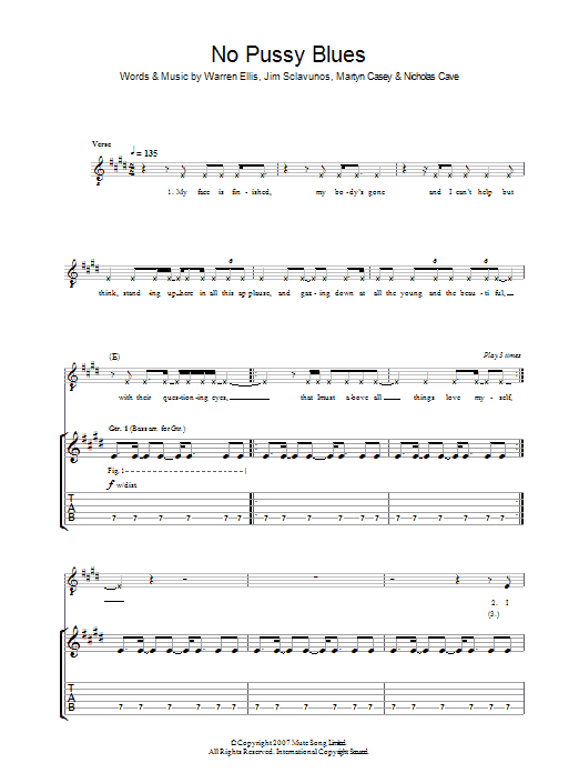 Grinderman No Pussy Blues sheet music preview music notes and score for Guitar Tab including 8 page(s)