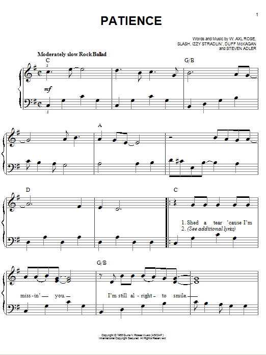 Learn to play Guns N' Roses Patience sheet music for Guitar Tab in minutes. Guns N' Roses Patience sheet music preview music notes and score for Guitar Tab including 4 page(s)