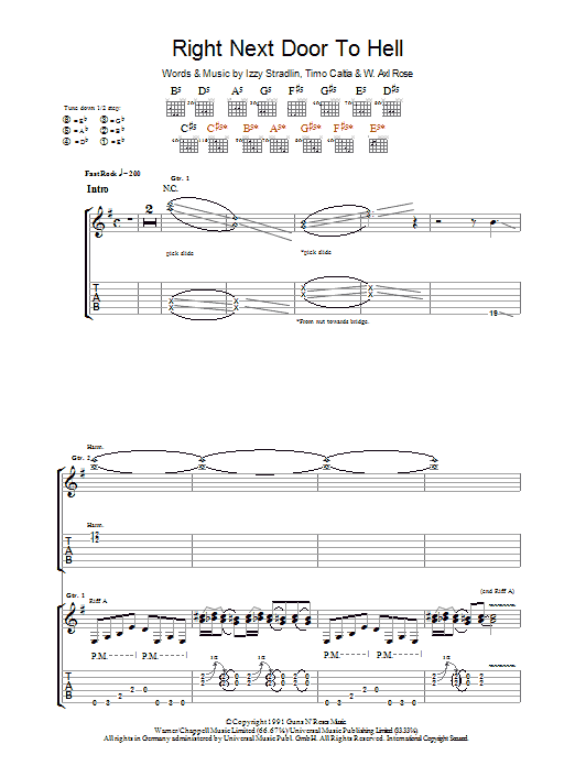 Guns N' Roses Right Next Door To Hell sheet music preview music notes and score for Guitar Tab including 9 page(s)