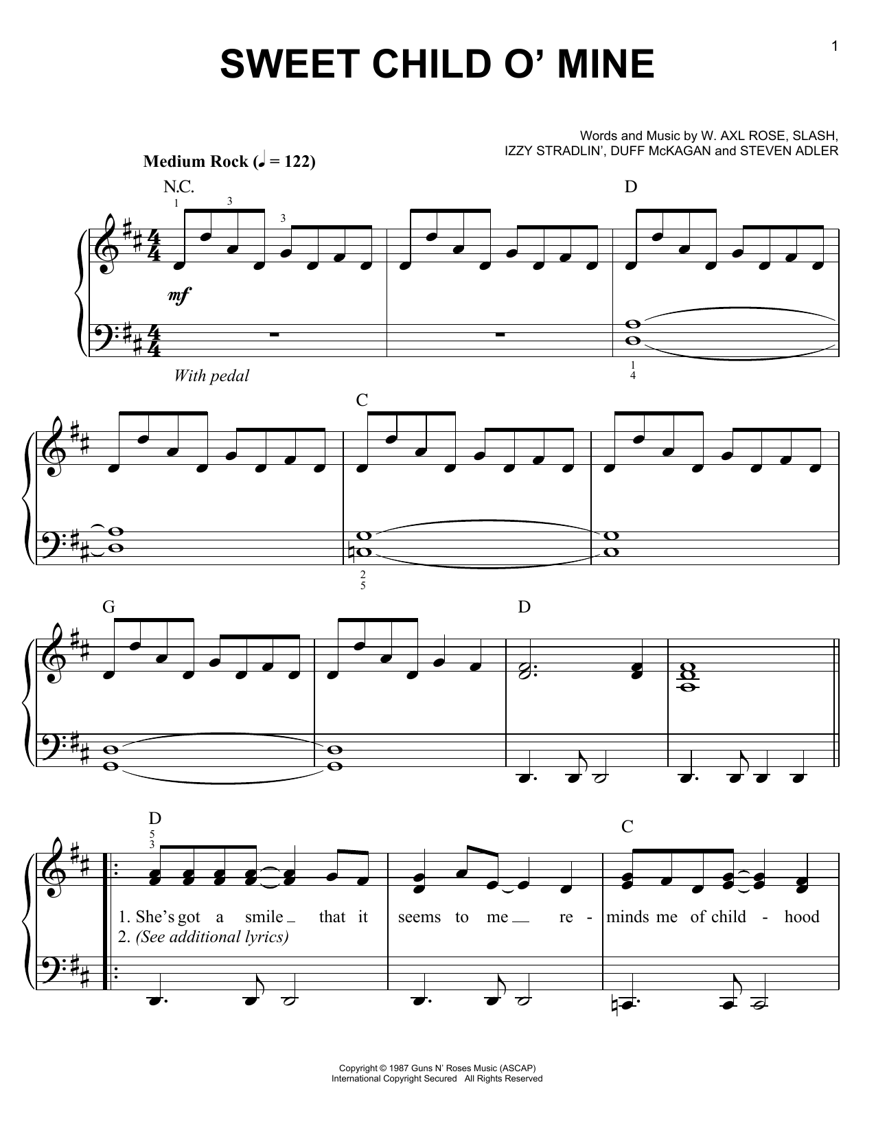 Learn to play Guns N' Roses Sweet Child O' Mine sheet music for E-Z Play Today in minutes. Guns N' Roses Sweet Child O' Mine sheet music preview music notes and score for E-Z Play Today including 5 page(s)