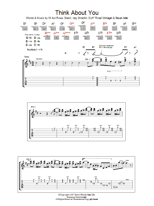 Guns N' Roses Think About You sheet music preview music notes and score for Guitar Tab including 10 page(s)