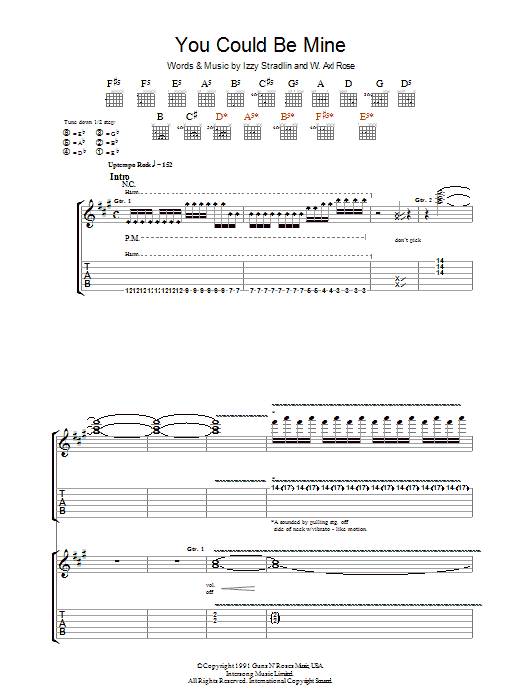 Guns N' Roses You Could Be Mine sheet music preview music notes and score for Guitar Tab including 19 page(s)