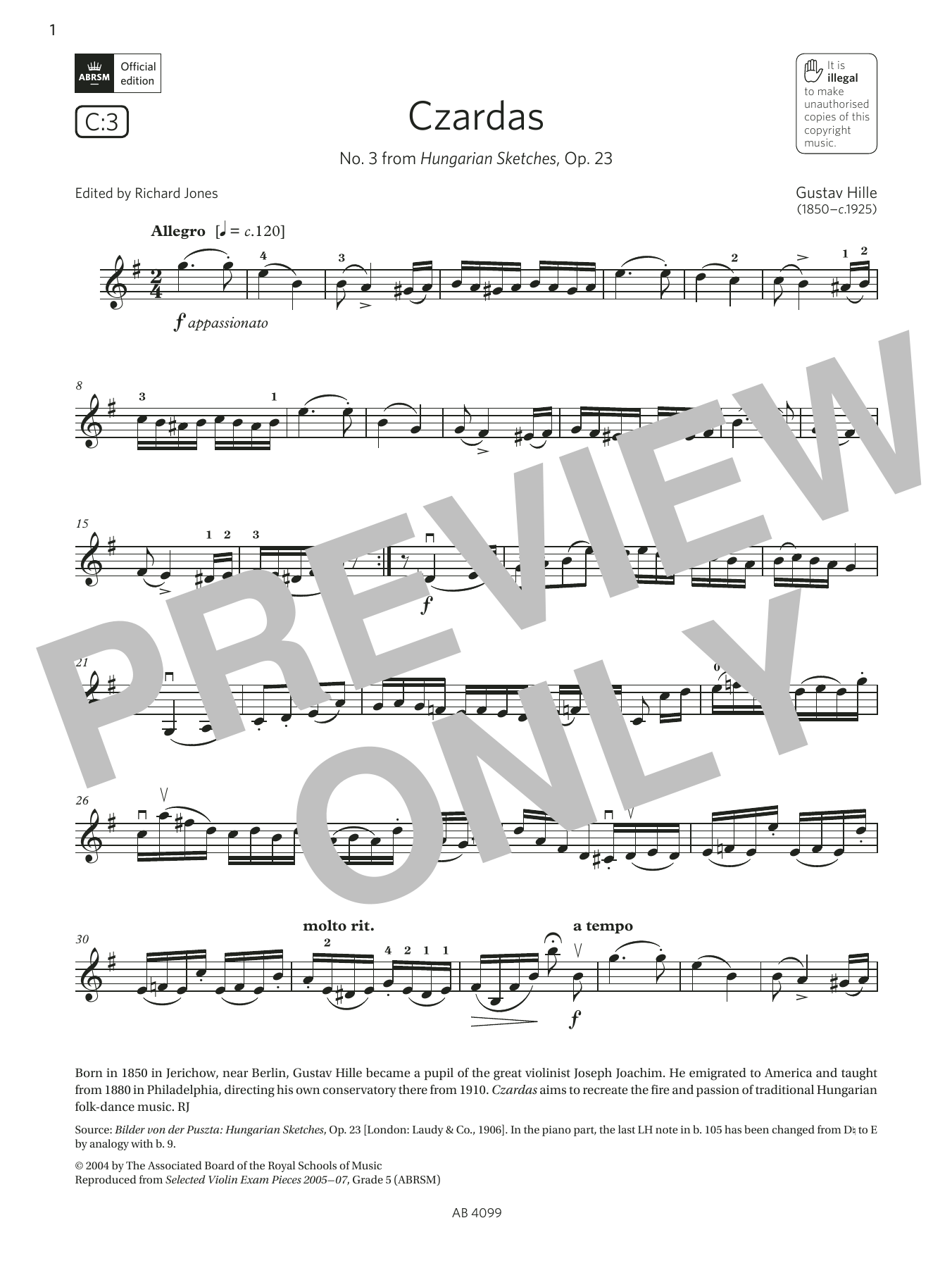 Gustav Hille Czardas (Grade 5, C3, from the ABRSM Violin Syllabus from 2024) sheet music, chords, lyrics - Printable PDF for Violin Solo