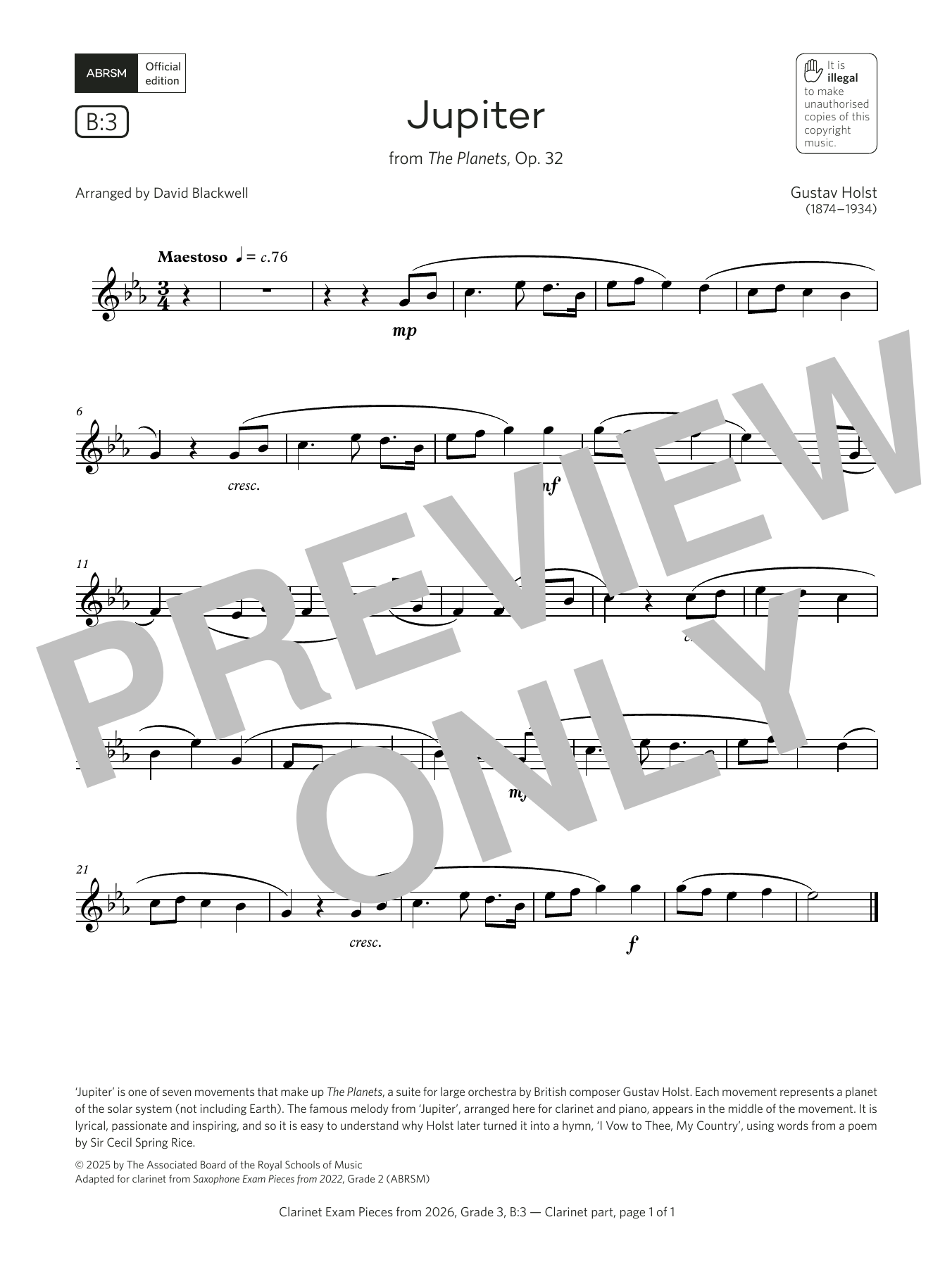 Gustav Holst Jupiter (Grade 3, list B3, from the ABRSM Clarinet Syllabus from 2026) sheet music, chords, lyrics - Printable PDF for Clarinet Solo