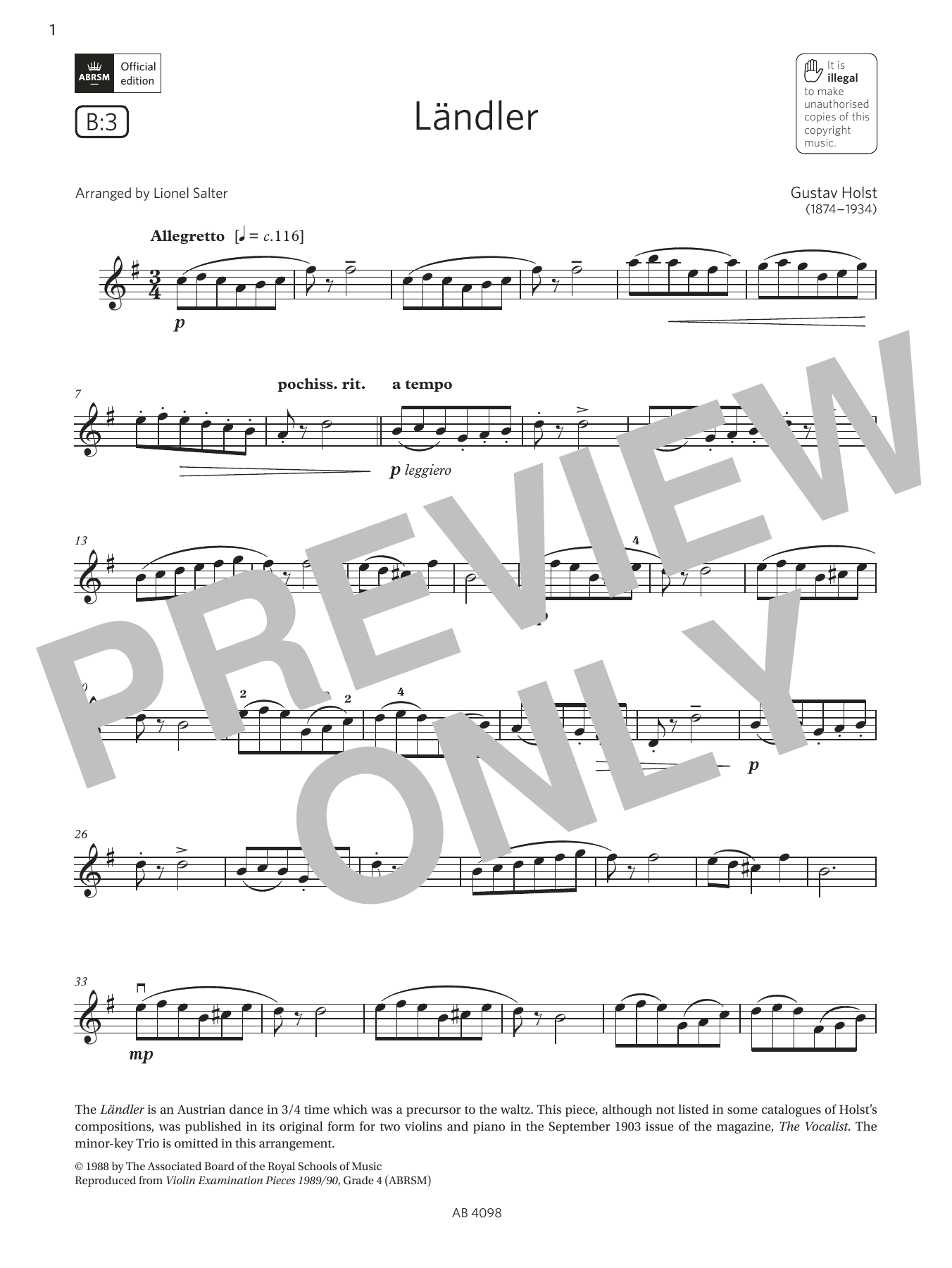 Gustav Holst Ländler (Grade 4, B3, from the ABRSM Violin Syllabus from 2024) sheet music, chords, lyrics - Printable PDF for Violin Solo
