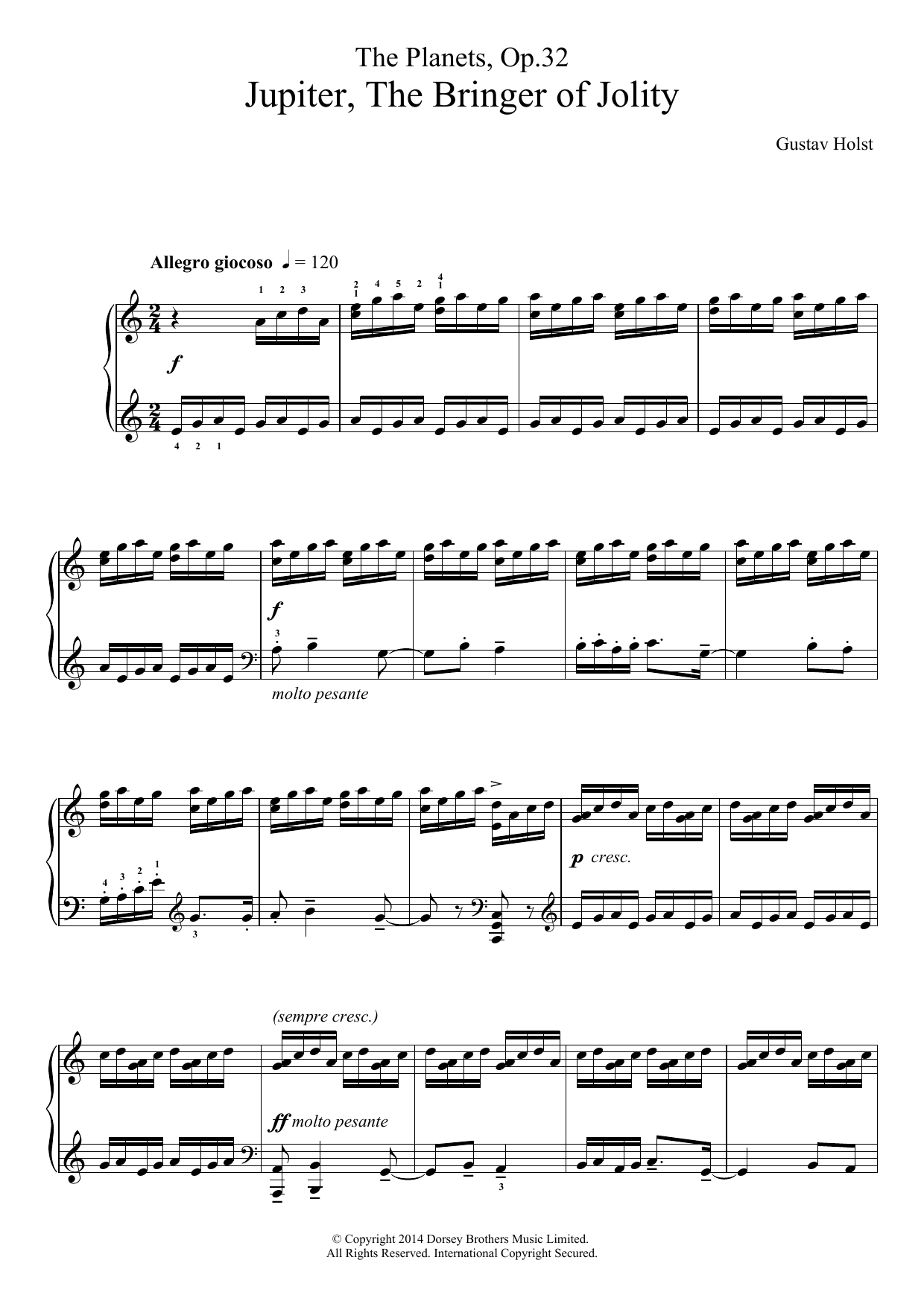 Gustav Holst The Planets, Op. 32: Jupiter, the Bringer of Jollity sheet music, chords, lyrics - Printable PDF for Piano