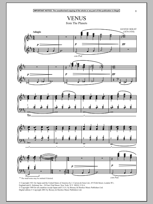 Gustav Holst The Planets, Op. 32, Venus sheet music, chords, lyrics - Printable PDF for Piano