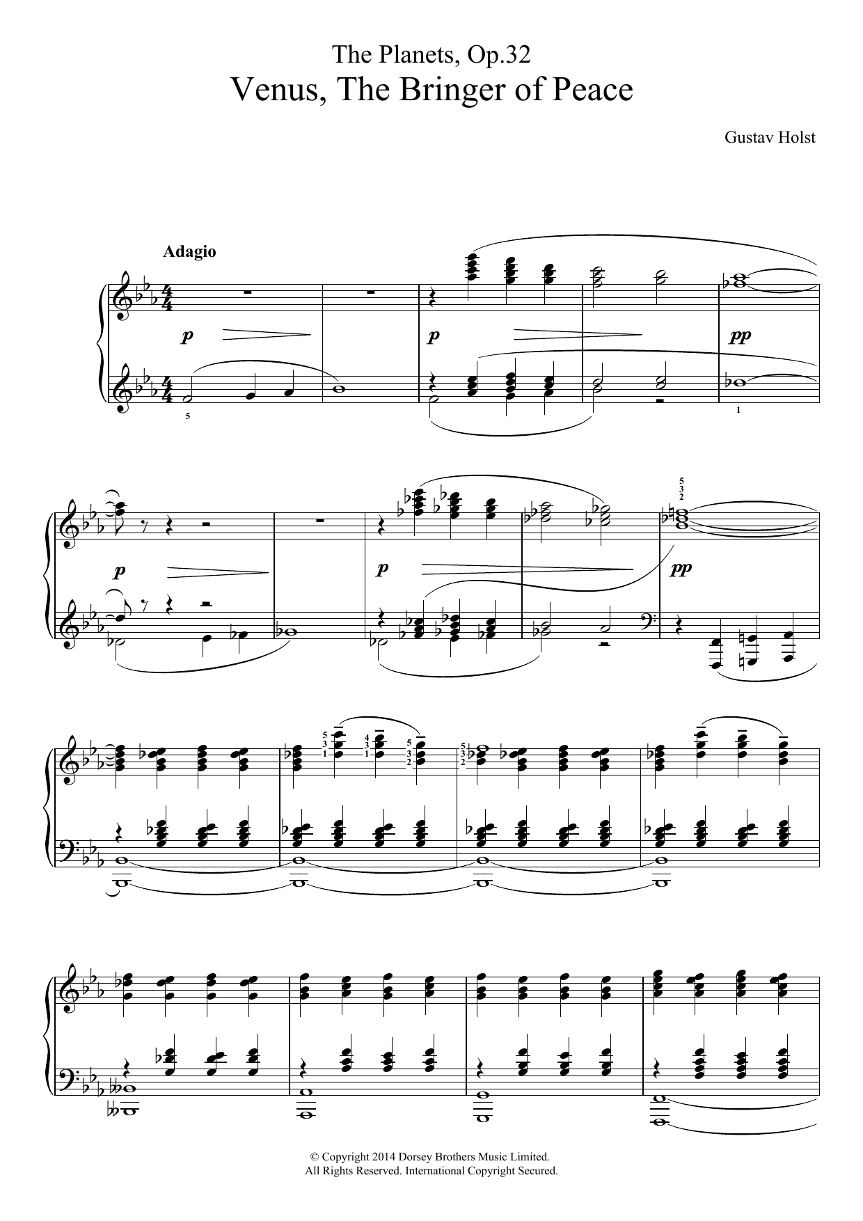 Gustav Holst The Planets, Op. 32: Venus, the Bringer of Peace sheet music, chords, lyrics - Printable PDF for Piano