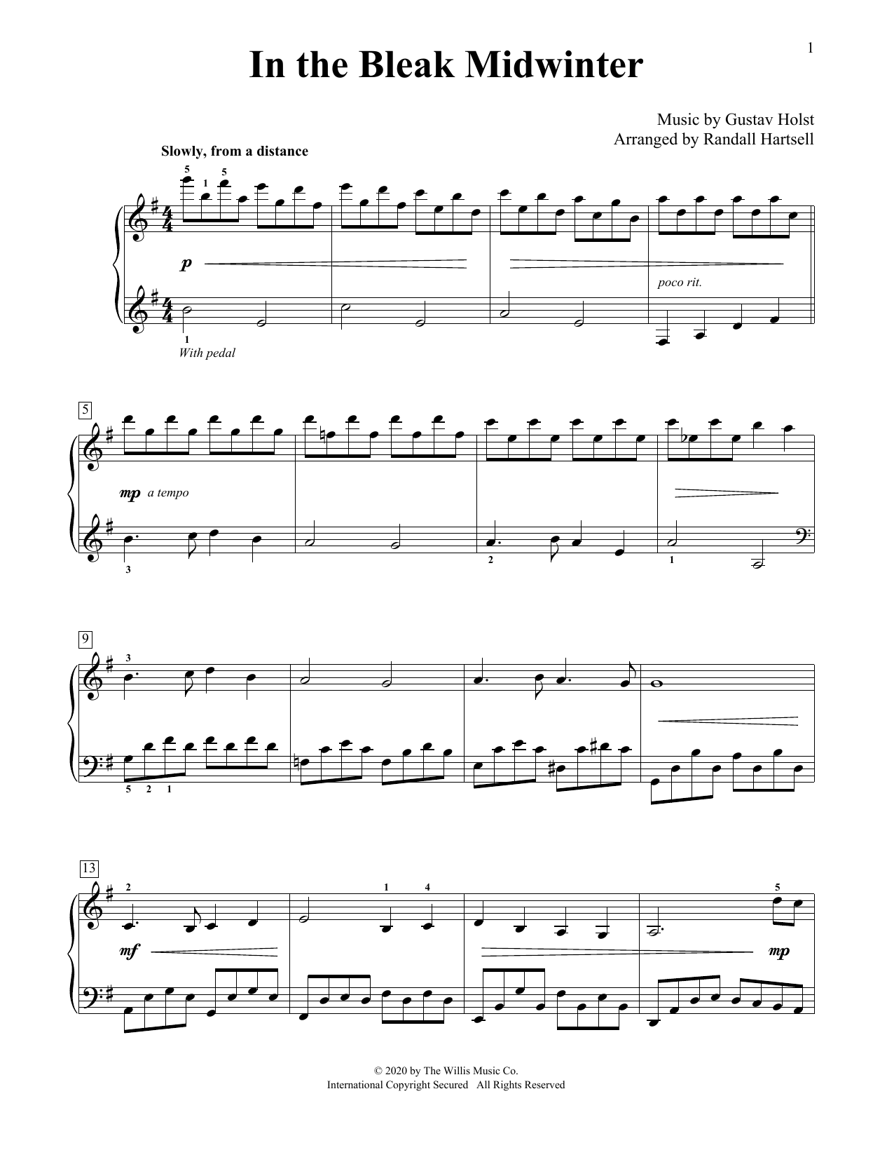 Gustav Holst In The Bleak Midwinter (arr. Randall Hartsell) sheet music preview music notes and score for Educational Piano including 3 page(s)