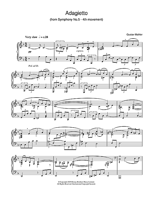 Learn to play Gustav Mahler Adagietto from Symphony No.5 (4th Movement) sheet music for Piano in minutes. Gustav Mahler Adagietto from Symphony No.5 (4th Movement) sheet music notes and chords