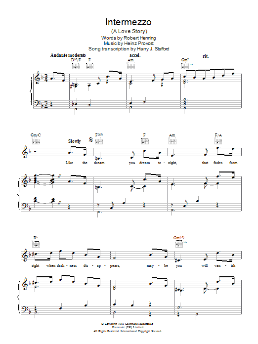 Learn to play Guy Lombardo Intermezzo - A Love Story sheet music for Piano, Vocal & Guitar (Right-Hand Melody) in minutes. Guy Lombardo Intermezzo - A Love Story sheet music preview music notes and score for Piano, Vocal & Guitar (Right-Hand Melody) including 4 page(s)
