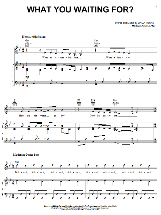 Gwen Stefani What You Waiting For? sheet music, chords, lyrics - Printable PDF for Piano, Vocal & Guitar (Right-Hand Melody)