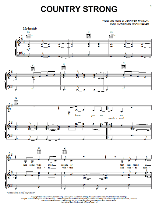 Learn to play Gwyneth Paltrow Country Strong sheet music for Piano, Vocal & Guitar (Right-Hand Melody) in minutes. Gwyneth Paltrow Country Strong sheet music preview music notes and score for Piano, Vocal & Guitar (Right-Hand Melody) including 8 page(s)