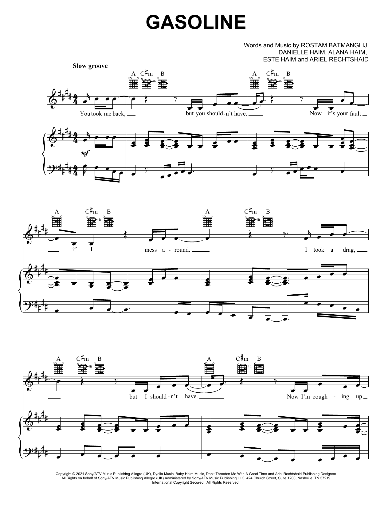Learn to play Haim Gasoline (feat. Taylor Swift) sheet music for Piano, Vocal & Guitar (Right-Hand Melody) in minutes. Haim Gasoline (feat. Taylor Swift) sheet music preview music notes and score for Piano, Vocal & Guitar (Right-Hand Melody) including 6 page(s)