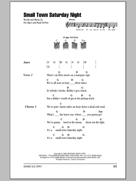 Learn to play Hal Ketchum Small Town Saturday Night sheet music for Lyrics & Chords in minutes. Hal Ketchum Small Town Saturday Night sheet music preview music notes and score for Lyrics & Chords including 3 page(s)