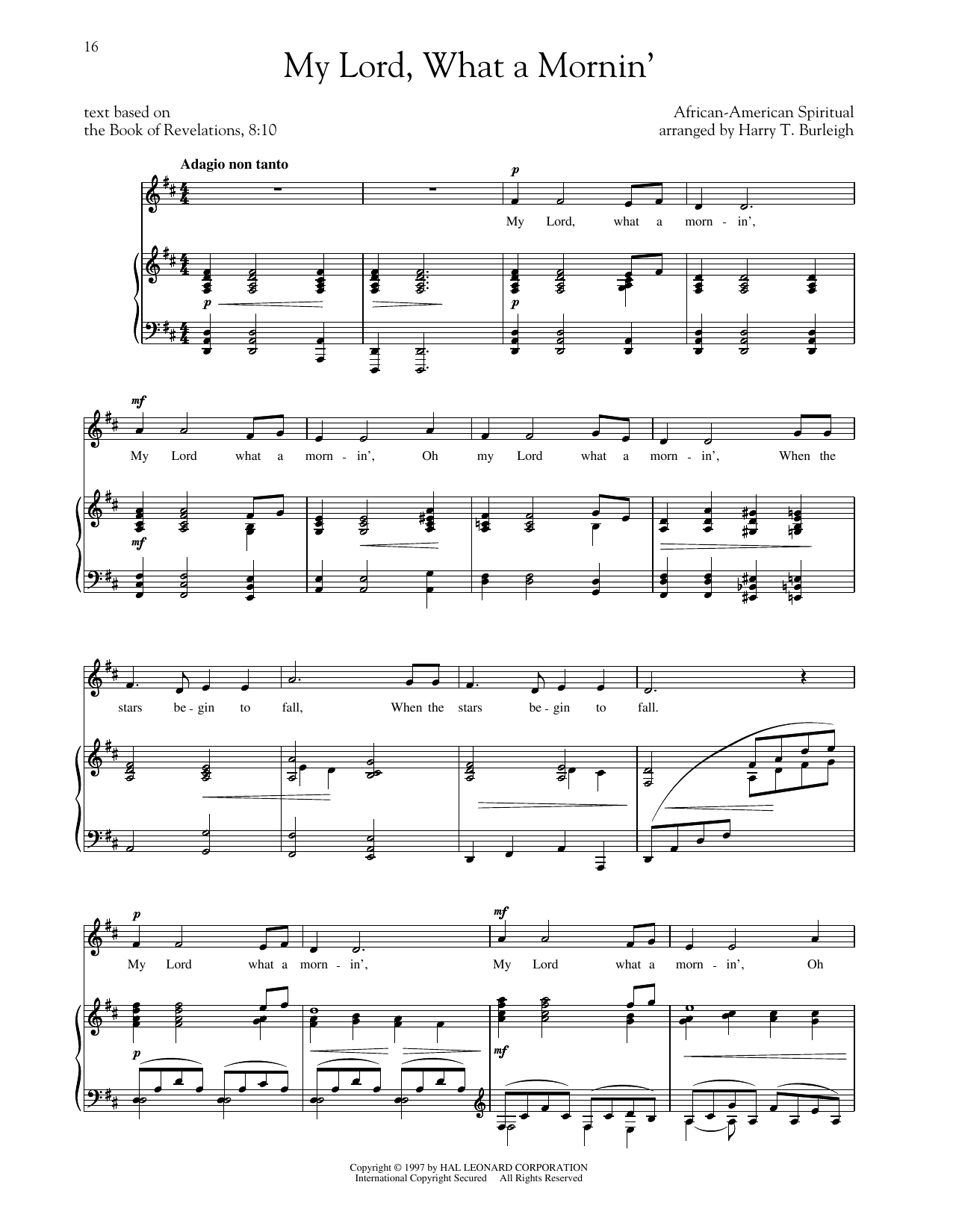 Hall Johnson My Lord, What A Morning (arr. Richard Walters) (High Voice) sheet music, chords, lyrics - Printable PDF for Piano & Vocal