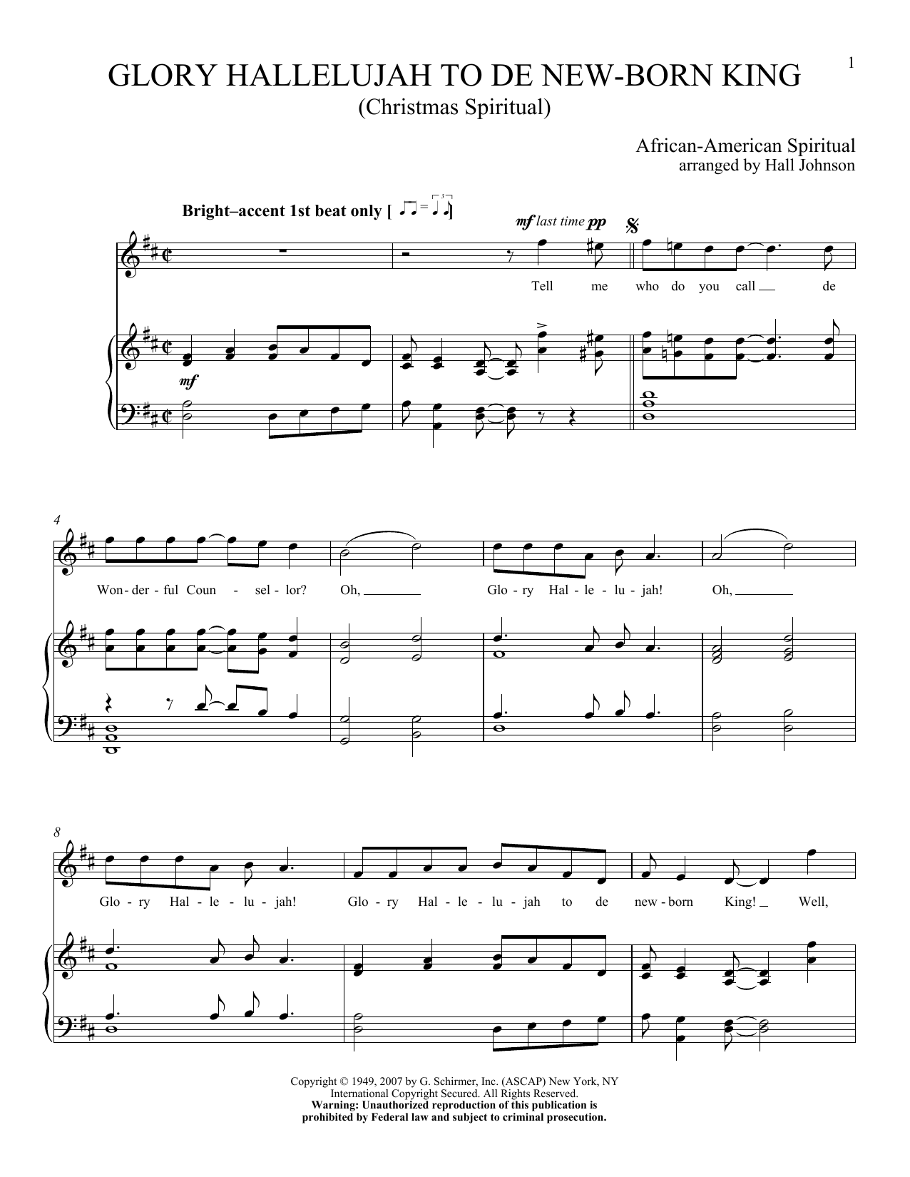 Hall Johnson Glory Hallelujah To De New-born King sheet music, chords, lyrics - Printable PDF for Piano & Vocal