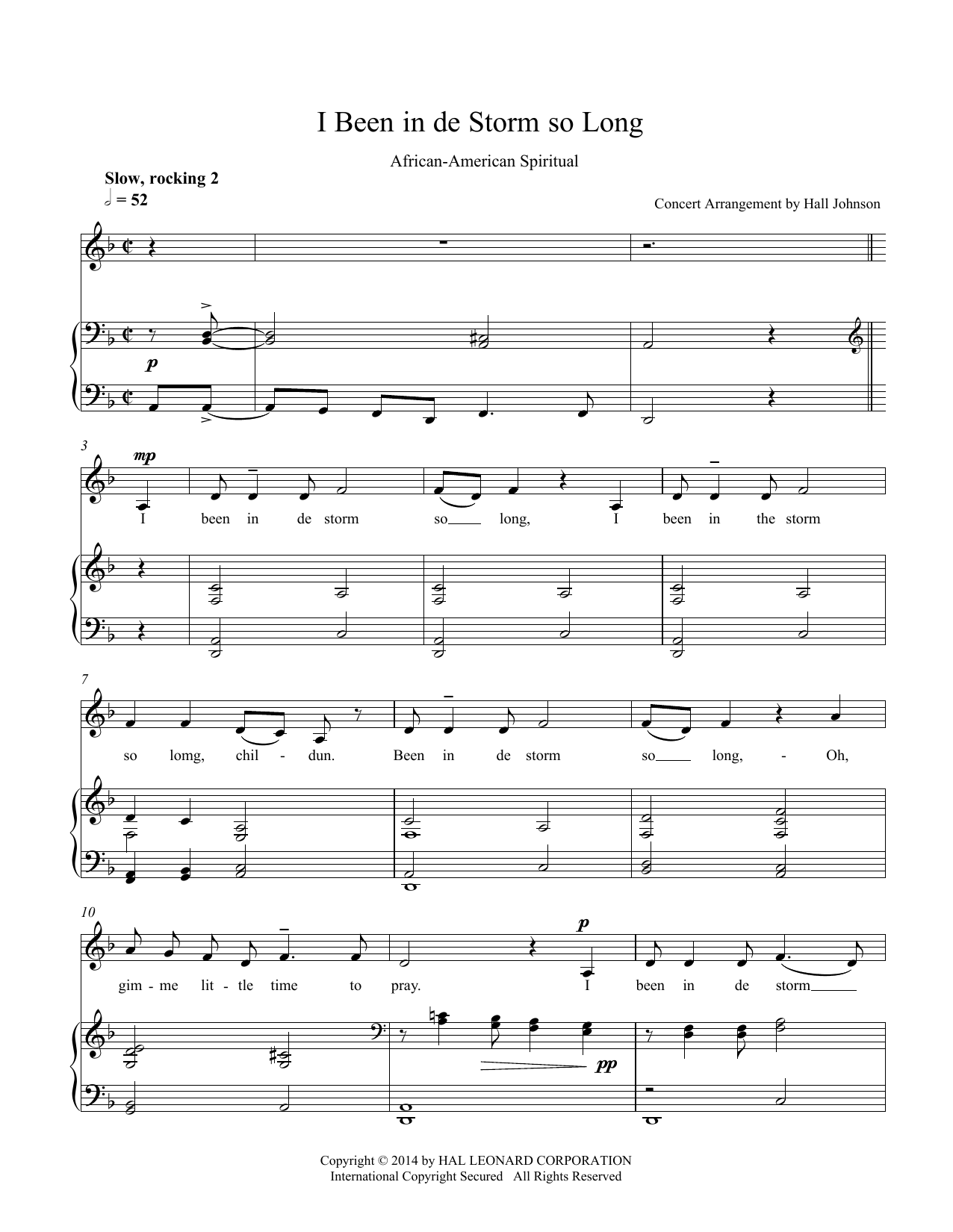 Hall Johnson I Been in de Storm So Long (D minor) sheet music, chords, lyrics - Printable PDF for Piano & Vocal
