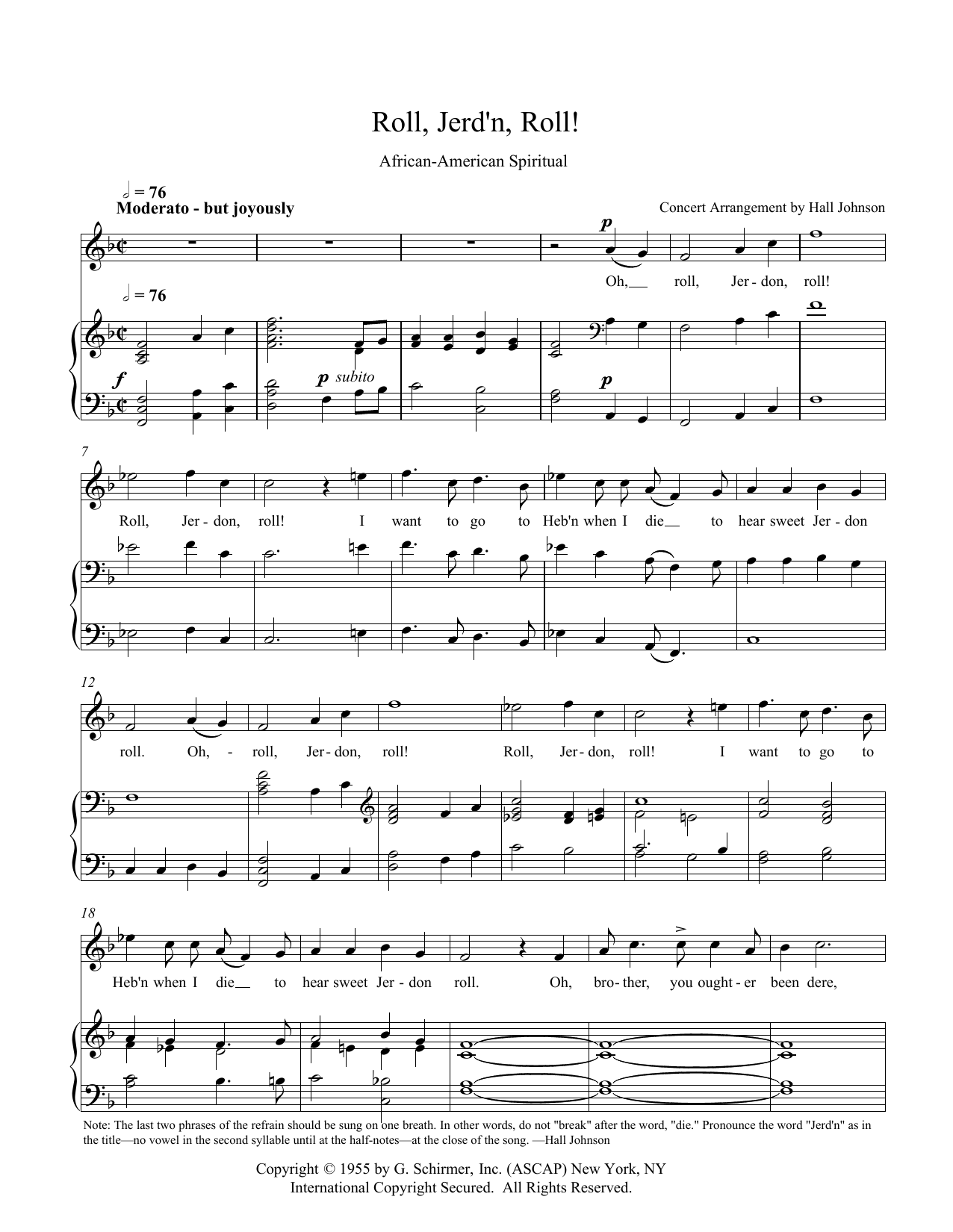 Hall Johnson Roll, Jordan Roll (F) sheet music, chords, lyrics - Printable PDF for Piano & Vocal