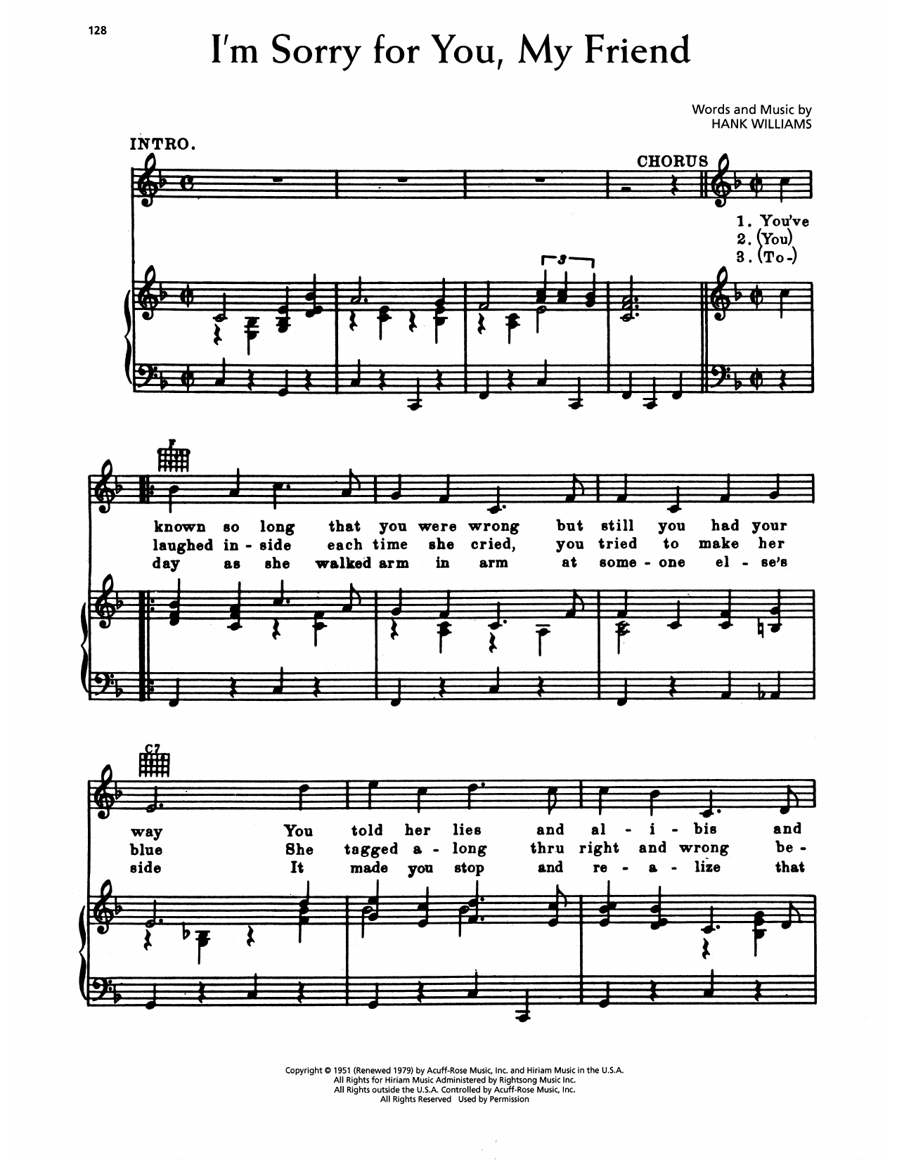 Hank Williams I'm Sorry For You My Friend sheet music, chords, lyrics - Printable PDF for Piano, Vocal & Guitar Chords (Right-Hand Melody)