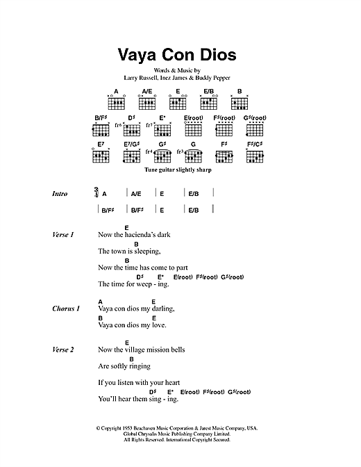 Hank Snow Vaya Con Dios sheet music, chords, lyrics - Printable PDF for Lyrics & Chords
