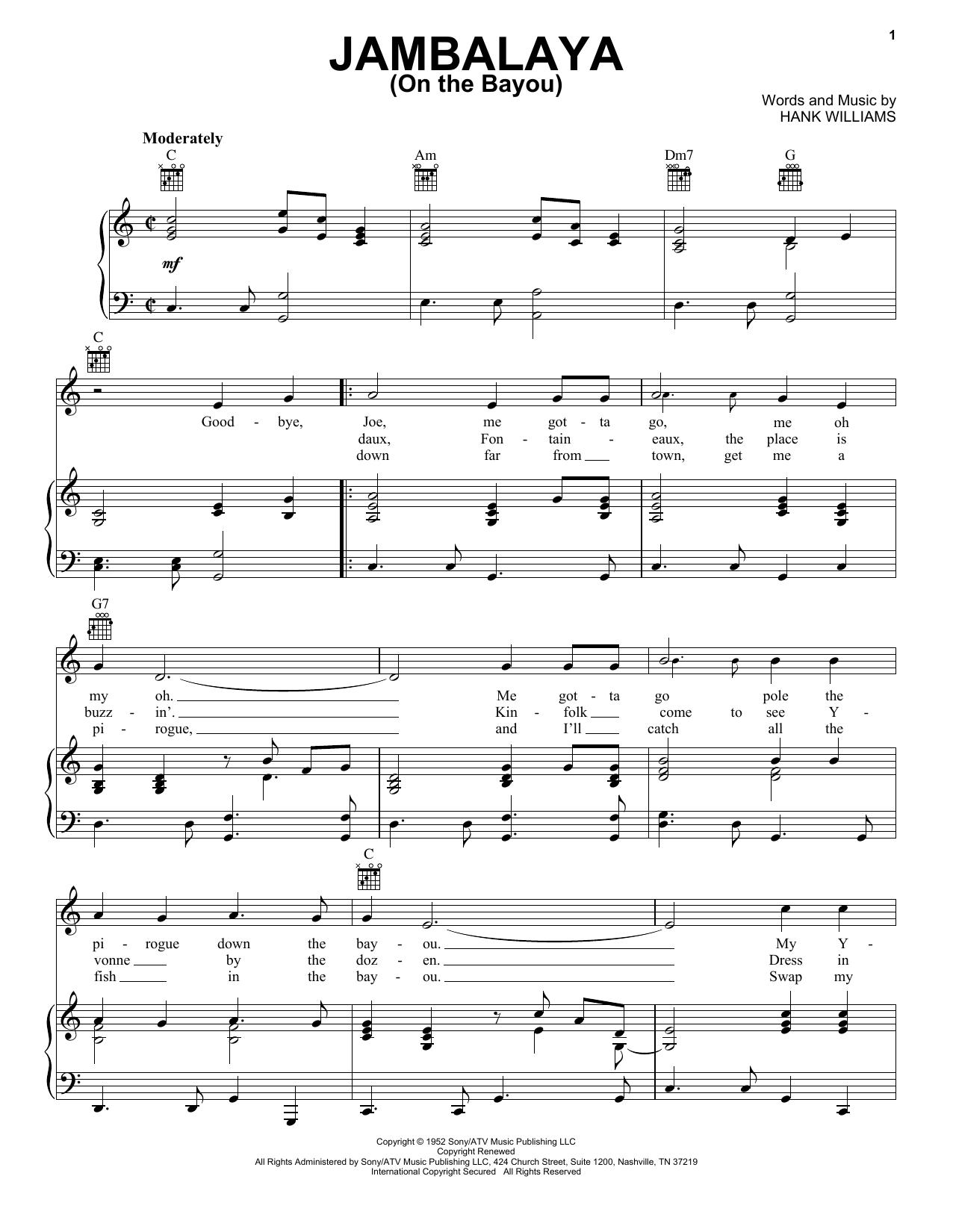 Hank Williams Jambalaya (On The Bayou) sheet music preview music notes and score for Lyrics & Piano Chords including 2 page(s)