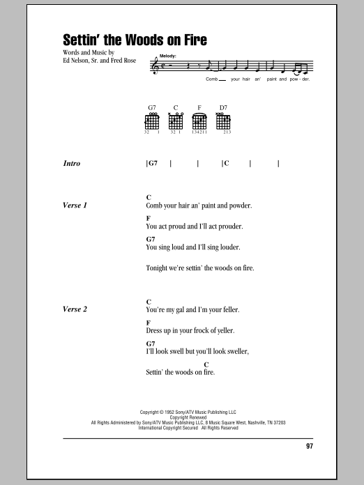 Learn to play Hank Williams Settin' The Woods On Fire sheet music for Lyrics & Chords in minutes. Hank Williams Settin' The Woods On Fire sheet music notes and chords