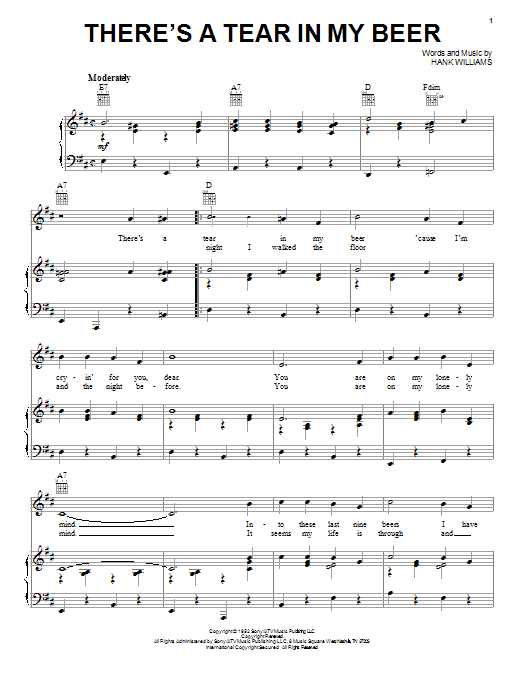Hank Williams There's A Tear In My Beer sheet music preview music notes and score for Guitar Tab including 2 page(s)