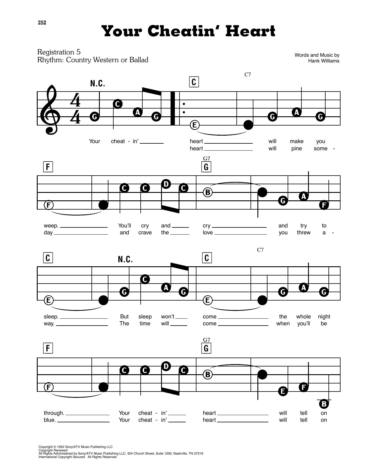 Learn to play Hank Williams Your Cheatin' Heart sheet music for Lyrics & Piano Chords in minutes. Hank Williams Your Cheatin' Heart sheet music preview music notes and score for Lyrics & Piano Chords including 2 page(s)