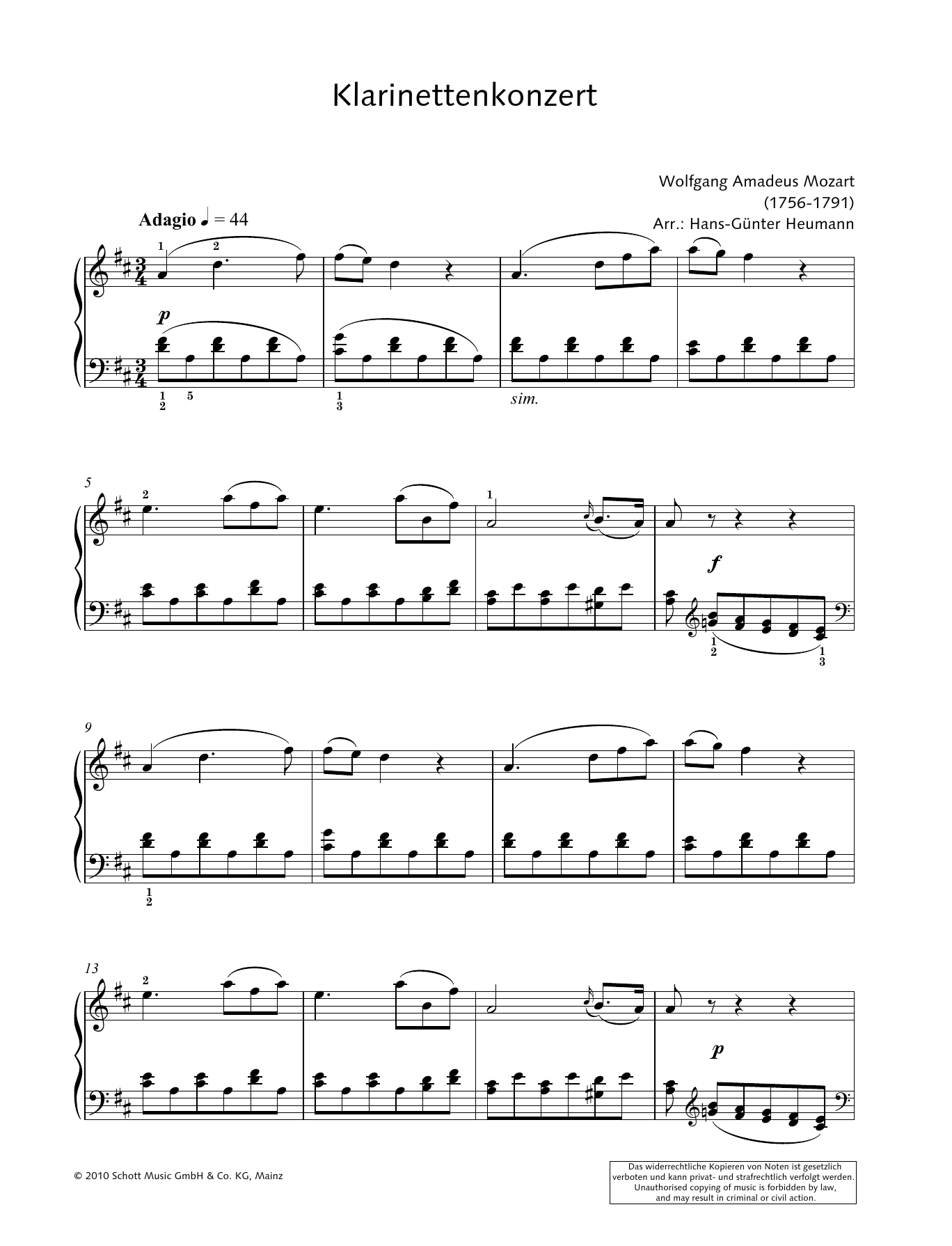 Hans-Gunter Heumann Concerto for Clarinet and Orchestra in A major sheet music, chords, lyrics - Printable PDF for Piano Solo