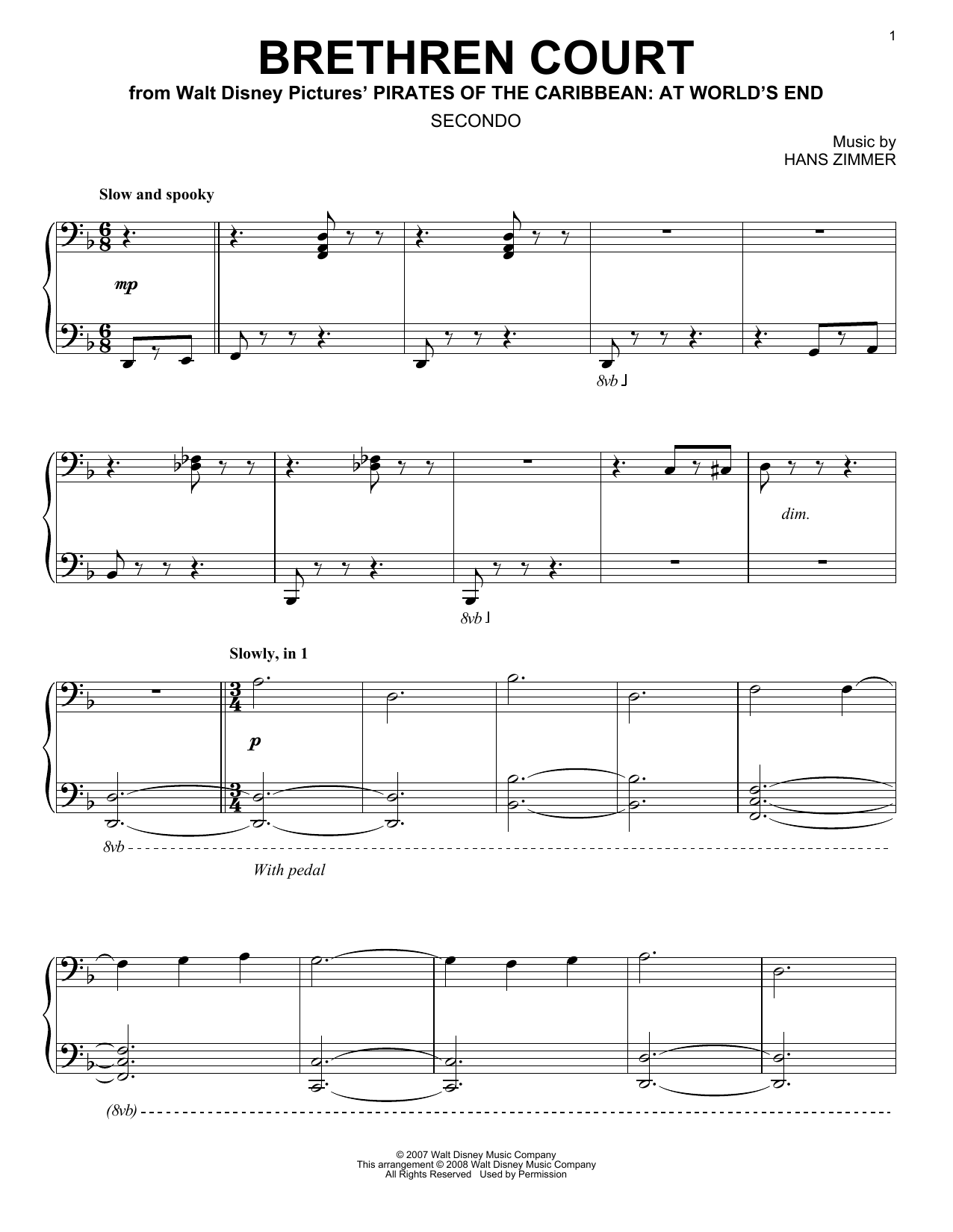 Hans Zimmer Brethren Court (from Pirates Of The Caribbean: At World's End) (arr. Carol Klose) sheet music, chords, lyrics - Printable PDF for Piano Duet
