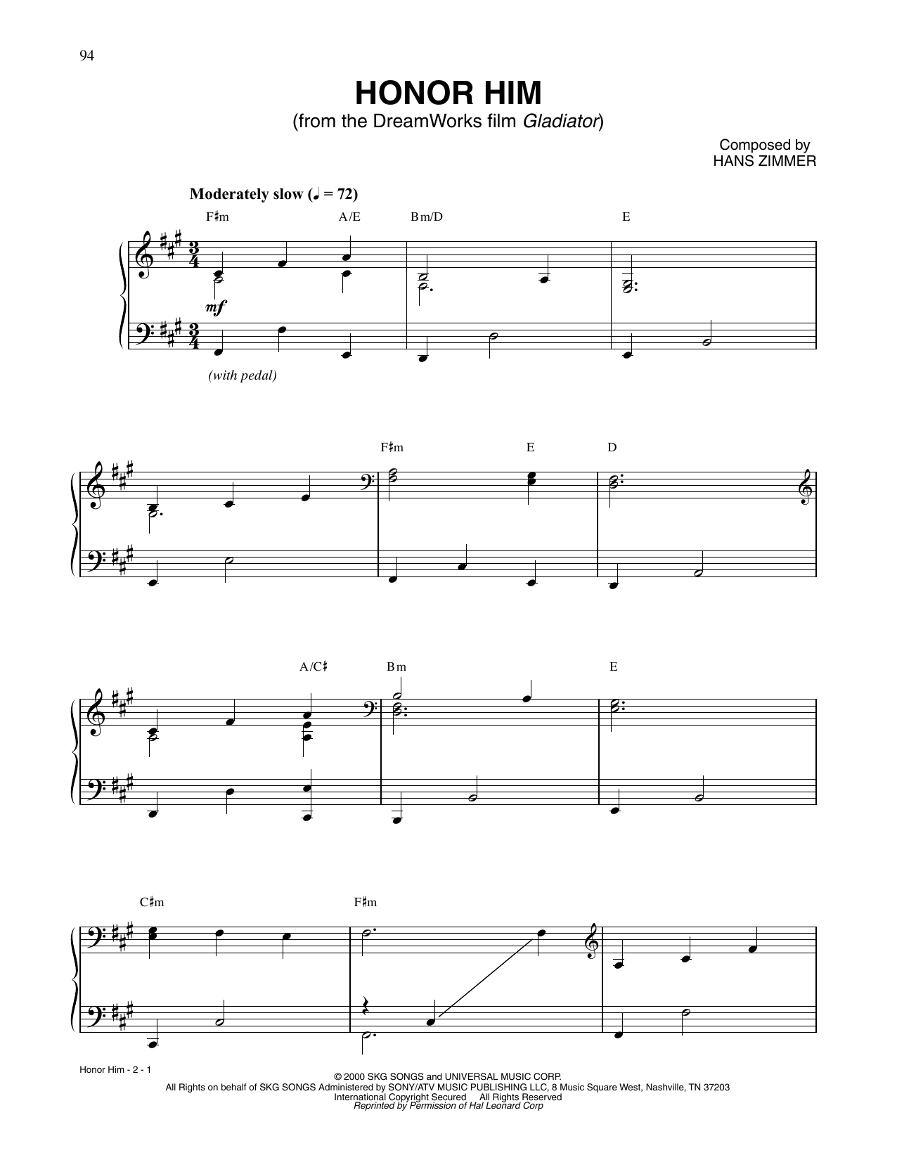 Hans Zimmer Honor Him (from Gladiator) sheet music, chords, lyrics - Printable PDF for Piano Solo