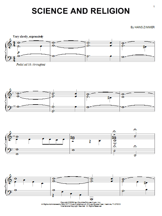 Download Hans Zimmer Science And Religion sheet music notes and chords for Piano - Download Printable PDF and start playing in minutes.