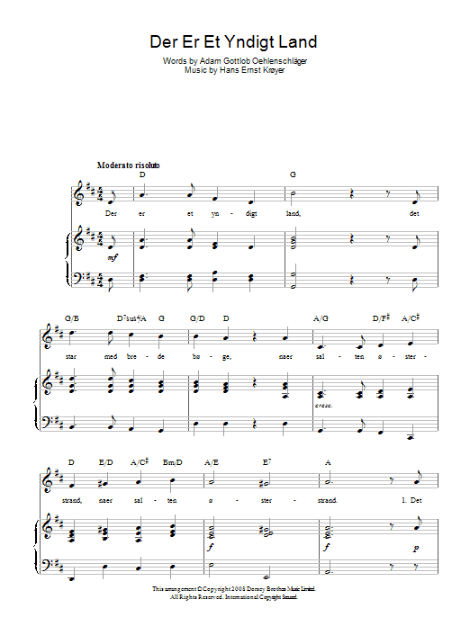 Learn to play Hans Ernst Kroyer Der Er Et Yndigt Land (Danish National Anthem) sheet music for Piano, Vocal & Guitar (Right-Hand Melody) in minutes. Hans Ernst Kroyer Der Er Et Yndigt Land (Danish National Anthem) sheet music preview music notes and score for Piano, Vocal & Guitar (Right-Hand Melody) including 2 page(s)