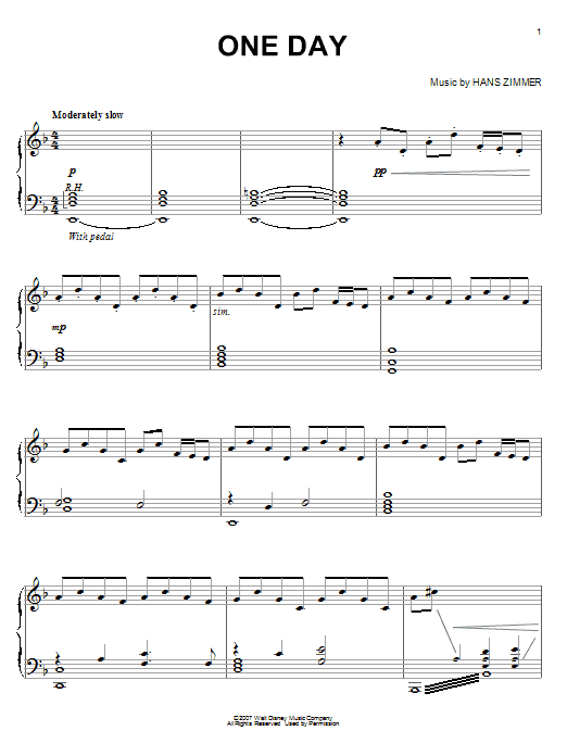 Learn to play Hans Zimmer One Day sheet music for Piano (Big Notes) in minutes. Hans Zimmer One Day sheet music preview music notes and score for Piano (Big Notes) including 5 page(s)