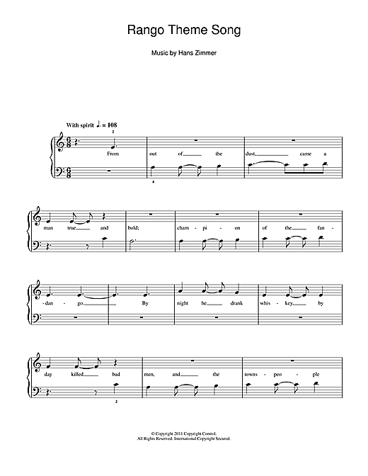 Hans Zimmer Rango Theme Song Sheet Music Download Pdf Score 113134